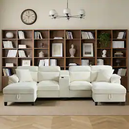 Electra Tech Xpress - Sectional Couches for Living Room with 2 Cup Holders,Corduroy Modular Sectional Sofa with Movable and Storable Ottoman - BEIGE WHITE