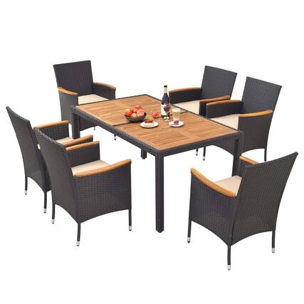 Front. Costway - Costway 7 PCS Outdoor Dining Set for 6 with Umbrella Hole Acacia Wood Tabletop Poolside - Black & Natural.