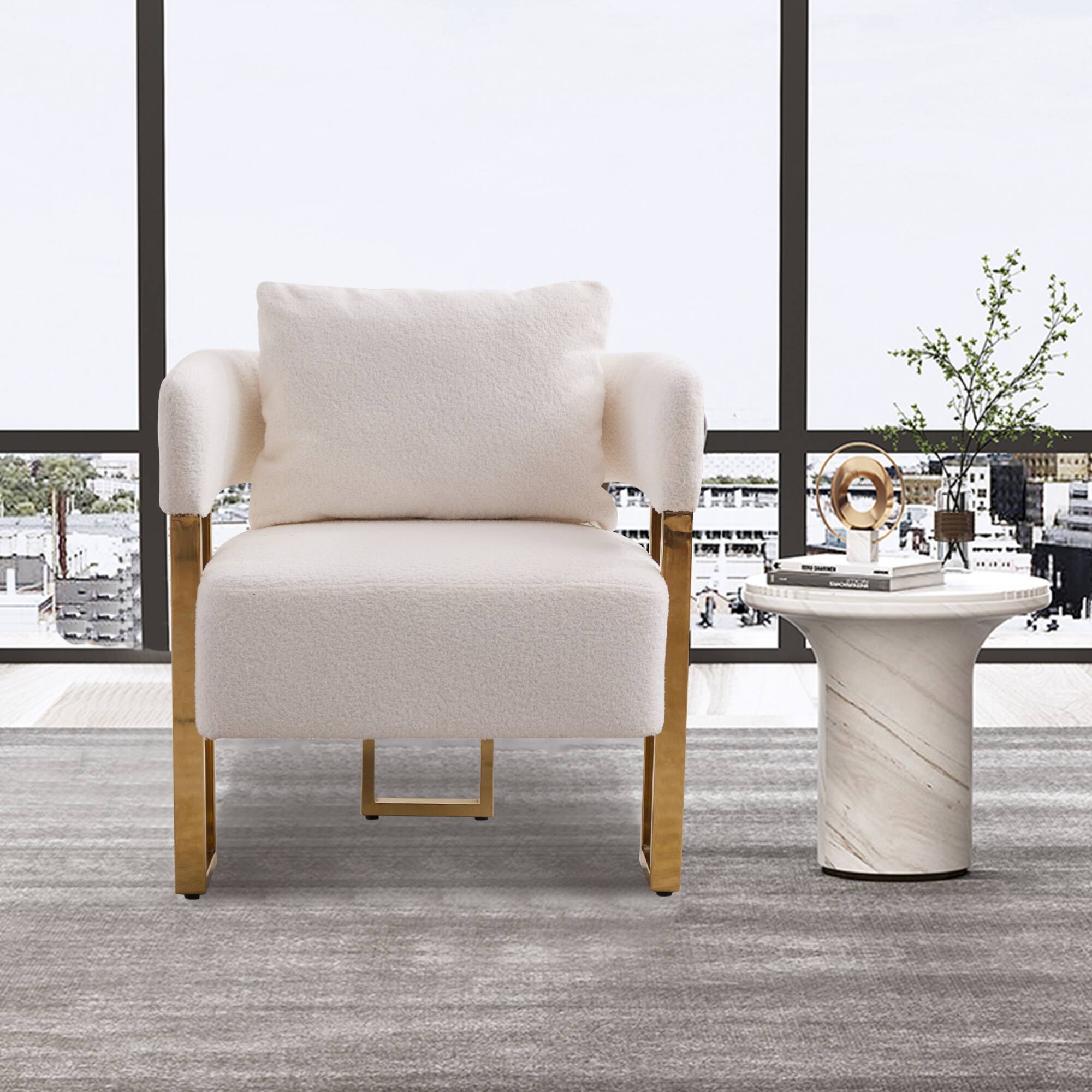 Back. GOODSILO - Modern Decorative Chair Set with Gold Metal Legs and Plush Upholstery for Living Room and Office - White+Gold.