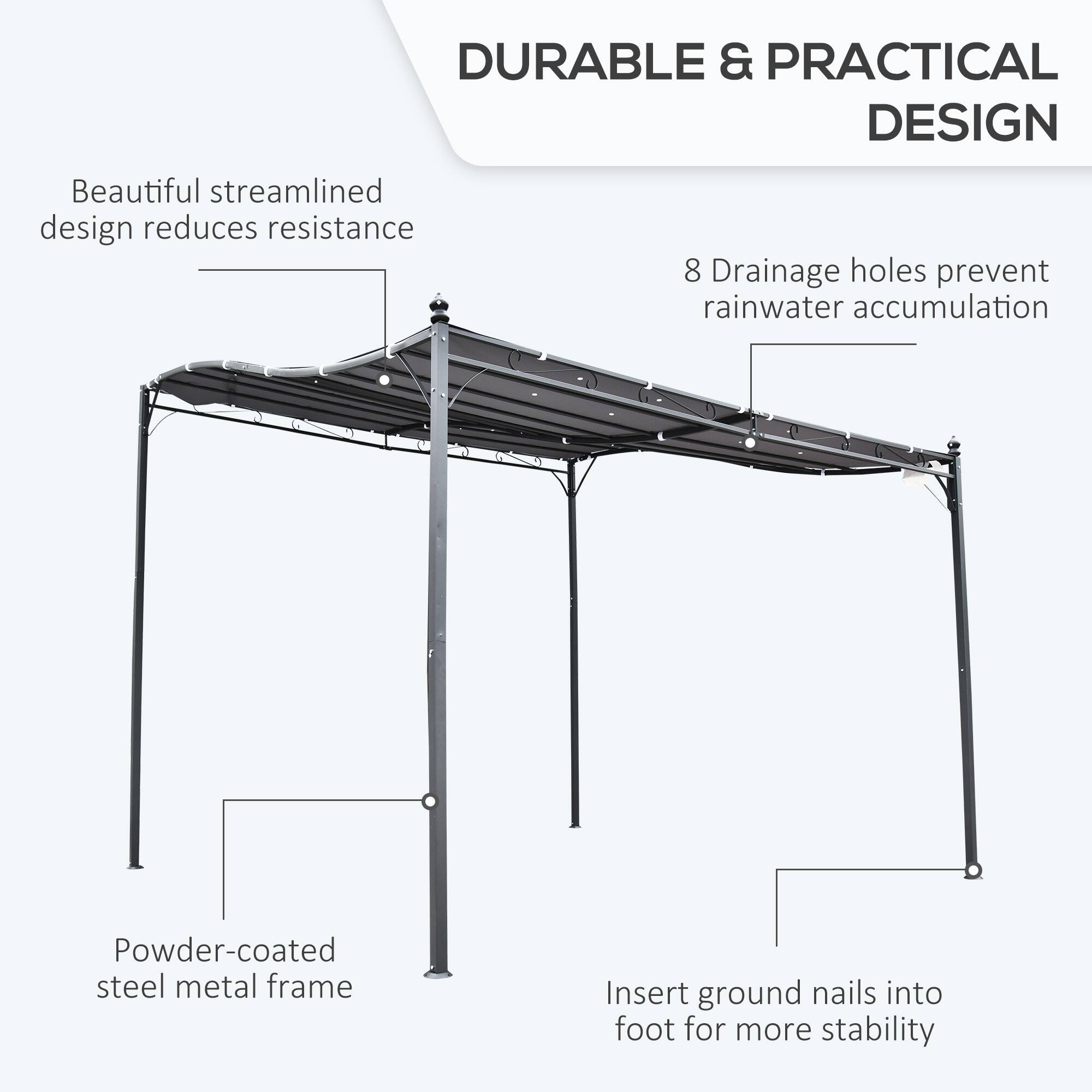 DURABLE & PRACTICAL DESIGN

Beautiful streamlined design reduces resistance
8 Drainage holes prevent rainwater accumulation
Powder-coated steel metal frame
Insert ground nails into foot for more stability