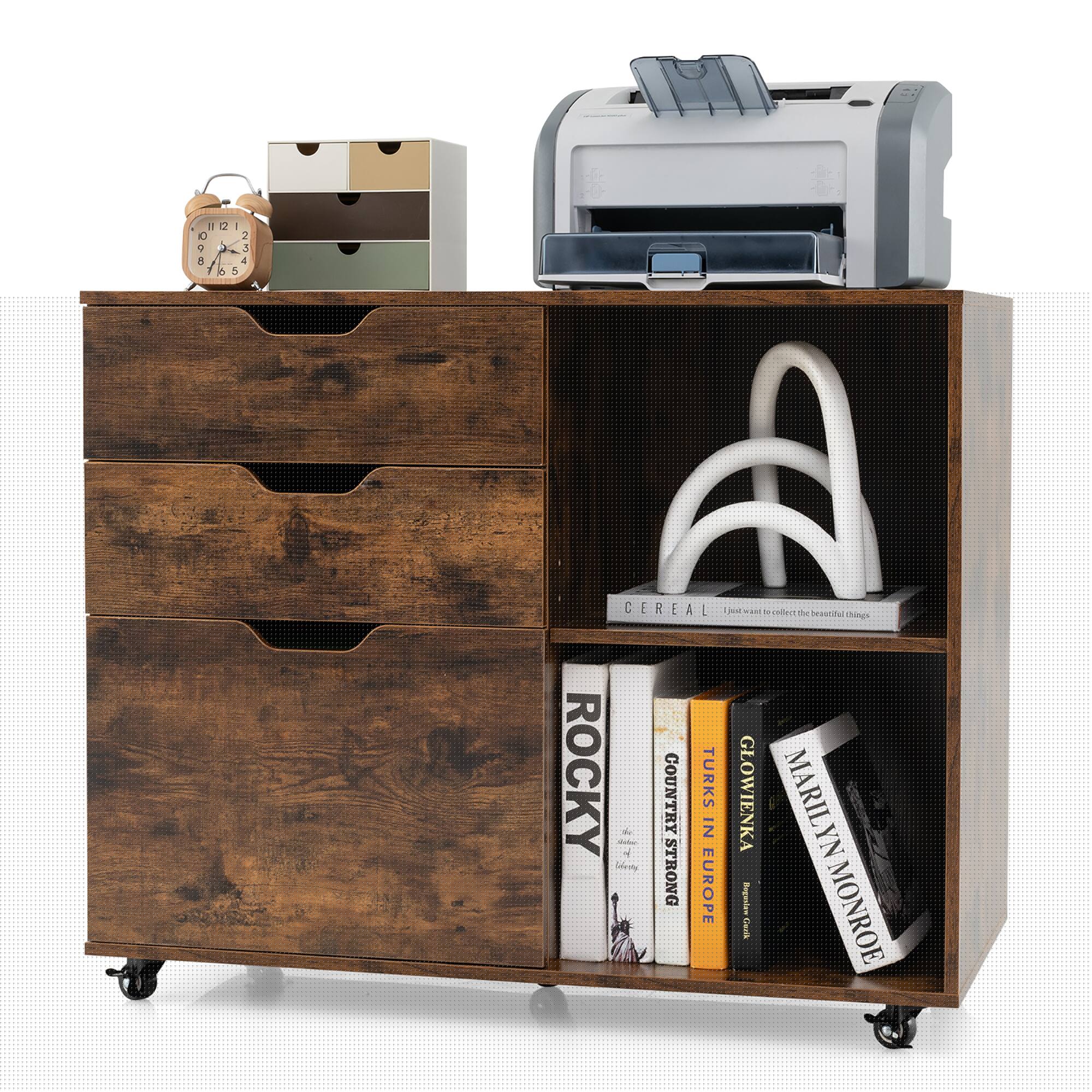 Gymax - 3-Drawer Mobile File Cabinet w/ Open Adjustable Storage Shelf for Ho me Office - Rustic Brown