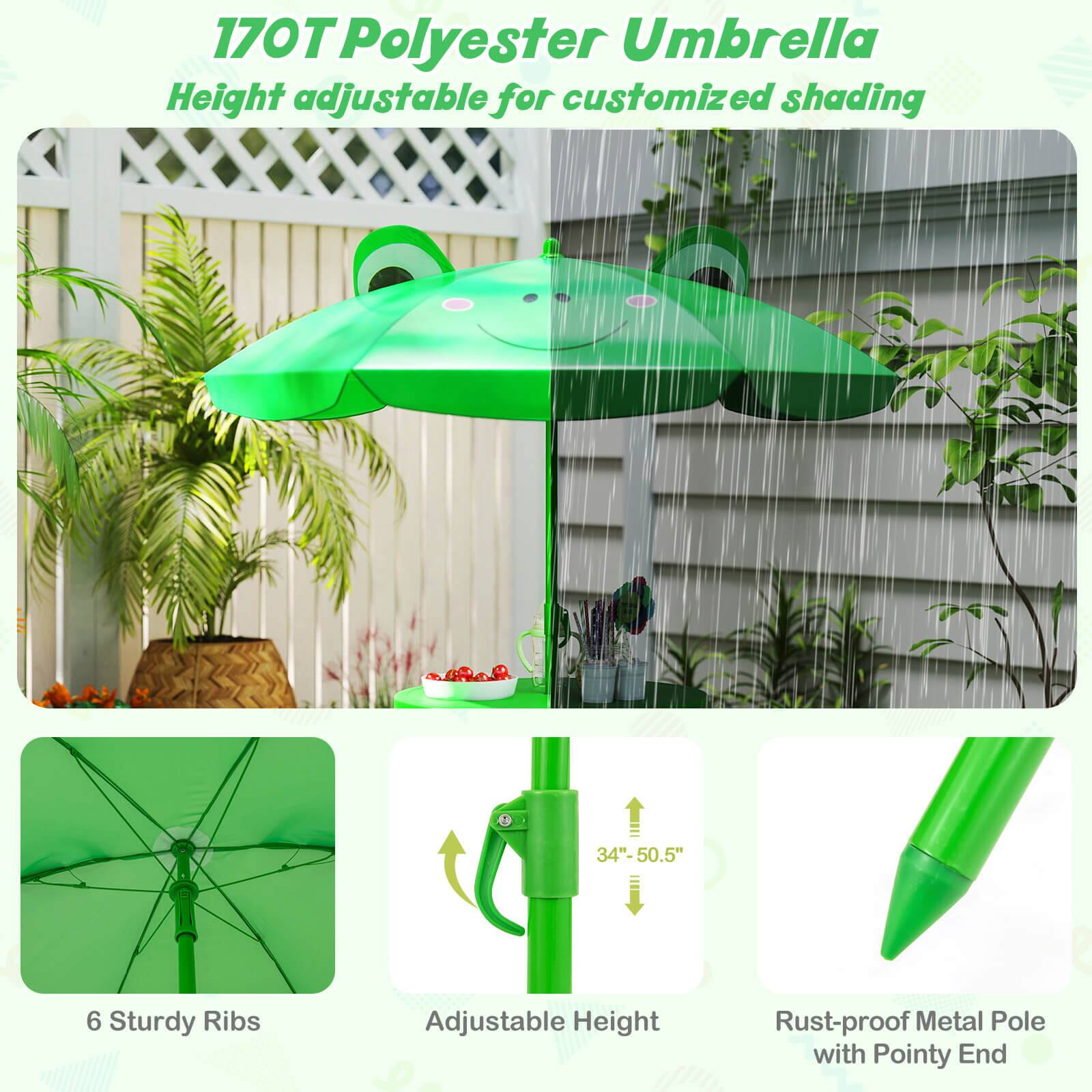 170T Polyester Umbrella  
Height adjustable for customized shading  

6 Sturdy Ribs  
Adjustable Height (34" - 50.5")  
Rust-proof Metal Pole with Pointy End