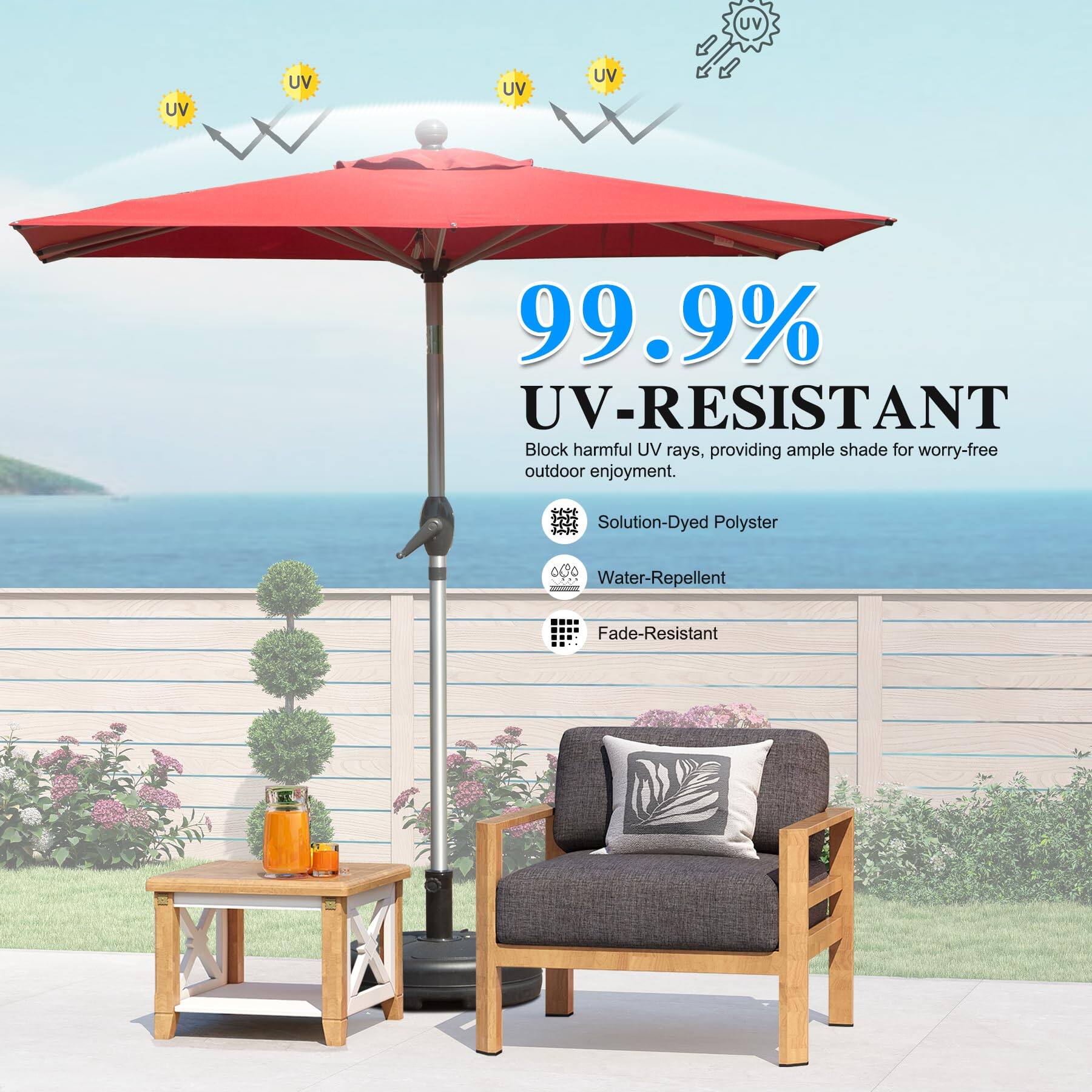 99.9% UV-RESISTANT  
Block harmful UV rays, providing ample shade for worry-free outdoor enjoyment.  

Solution-Dyed Polyester  
Water-Repellent  
Fade-Resistant
