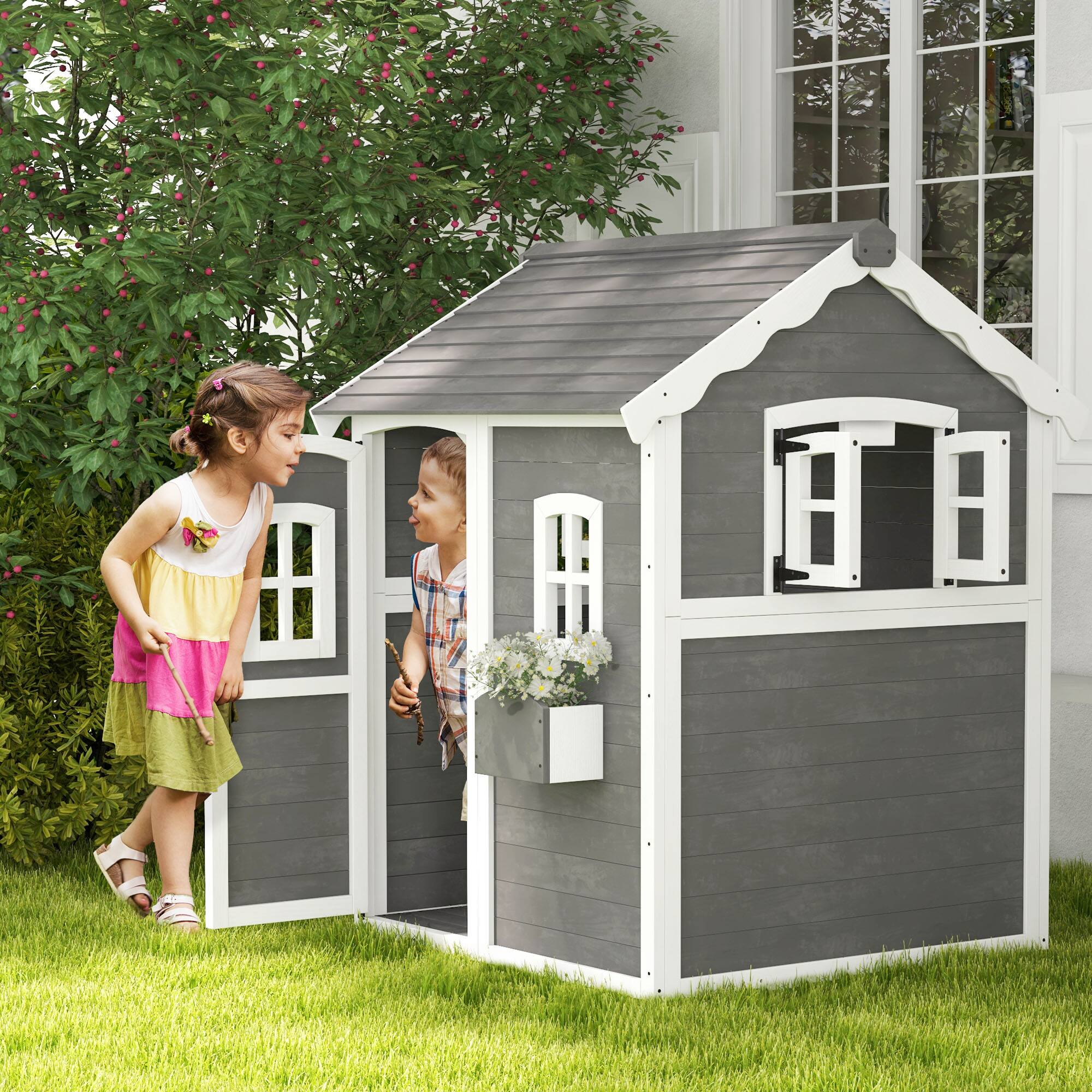 Angle. Outsunny - Playhouse for Kids, Outdoor Wooden with Floor, Door, Windows & Planter Box, 3-8 Year Olds, Backyard, Garden.