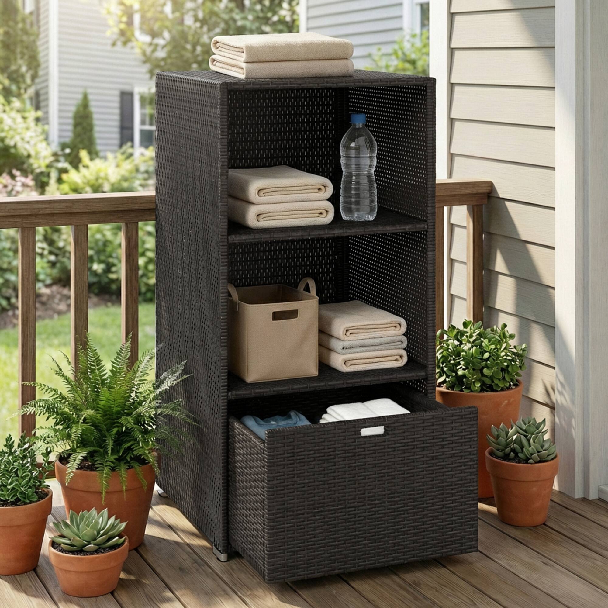 Alt View 1. Outsunny - Pool Towel Rack, Water-Resistant PE Plastic Rattan Wicker Storage Organizer, 2 Shelves - Brown.