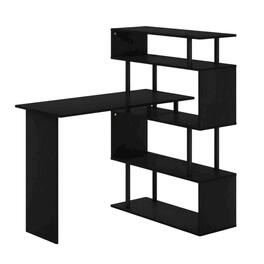 BisonOffice - L-Shaped Computer Desk with 5-Tier Shelves, Amber Finish, Space-Saving Workspace - Americano/Black