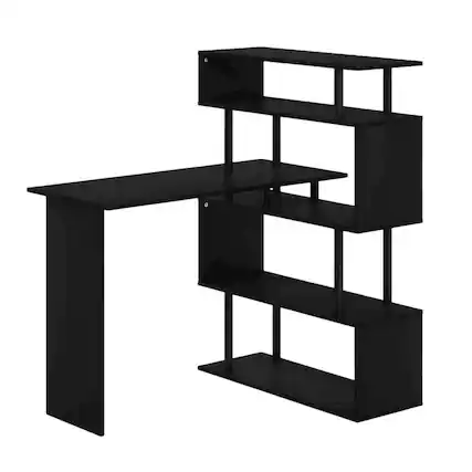 Front. BisonOffice - L-Shaped Computer Desk with 5-Tier Shelves, Amber Finish, Space-Saving Workspace - Americano/Black.