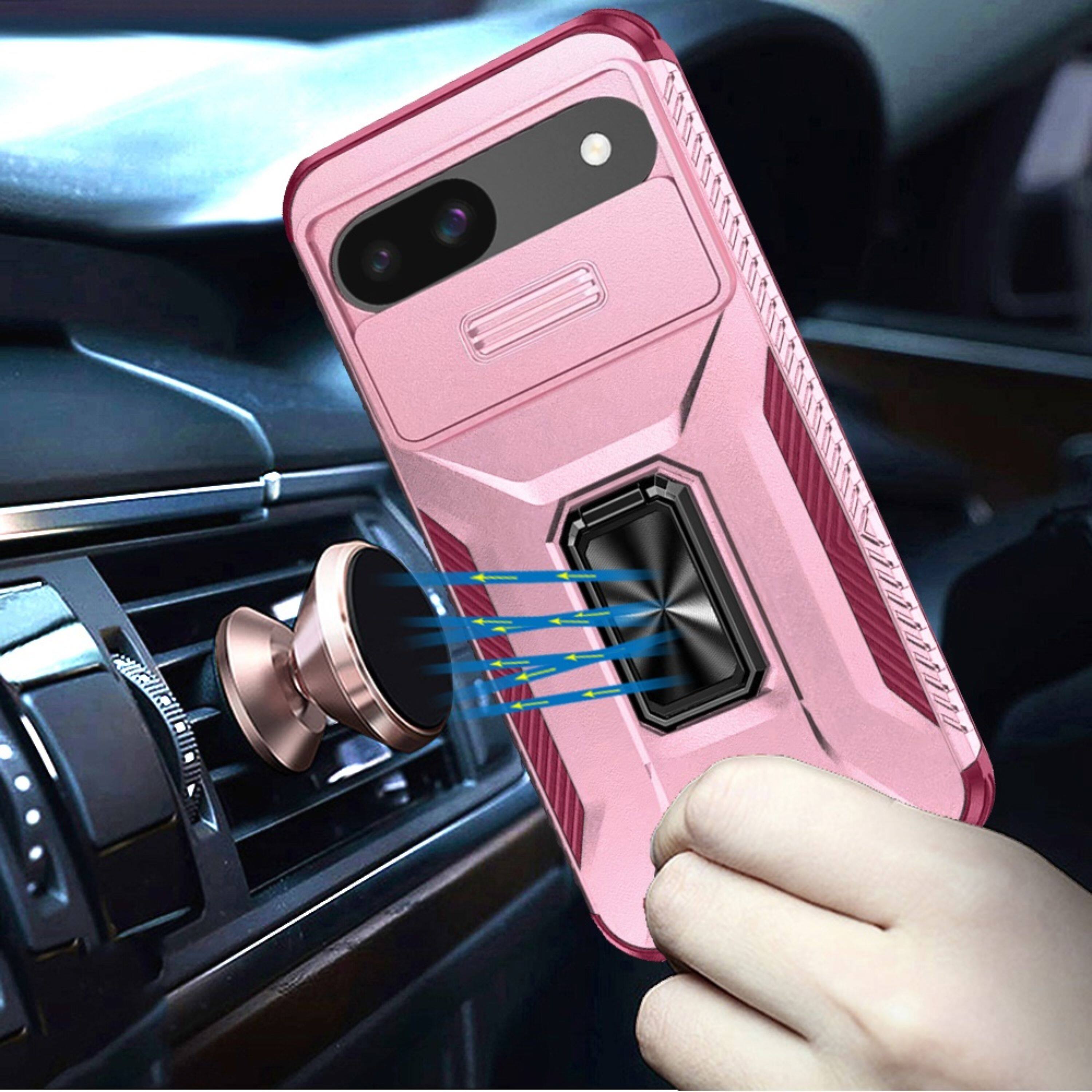 Angle. Kitcheniva - Full Coverage Metal Stand Lens Cover Phone Case With Tempered Glass For Google Pixel 9a Pink Burgundy - Pink/Burgundy.