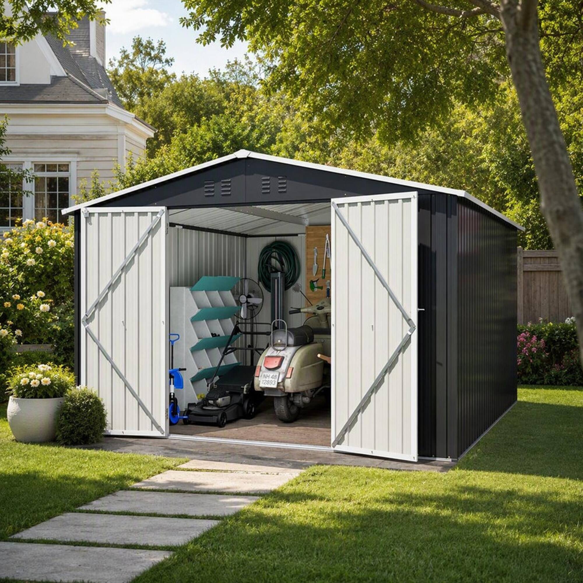 Angle. RYHNUYNE - 10x10 FT Steel Shed Sliding Doors UV-Resistant Galvanized Utility Building Black - Black.