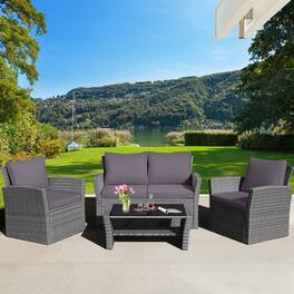 Gymax - 4PCS Patio Rattan Conversation Set Outdoor Furniture Set w/ Grey Cushions - Gray