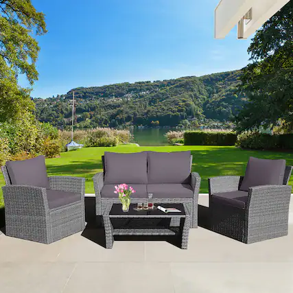 Front. Gymax - Gymax 4PCS Patio Rattan Conversation Set Outdoor Furniture Set w/ Grey Cushions - Grey.