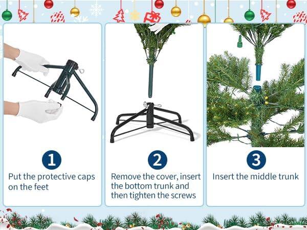 1. Put the protective caps on the feet

2. Remove the cover, insert the bottom trunk and then tighten the screws

3. Insert the middle trunk