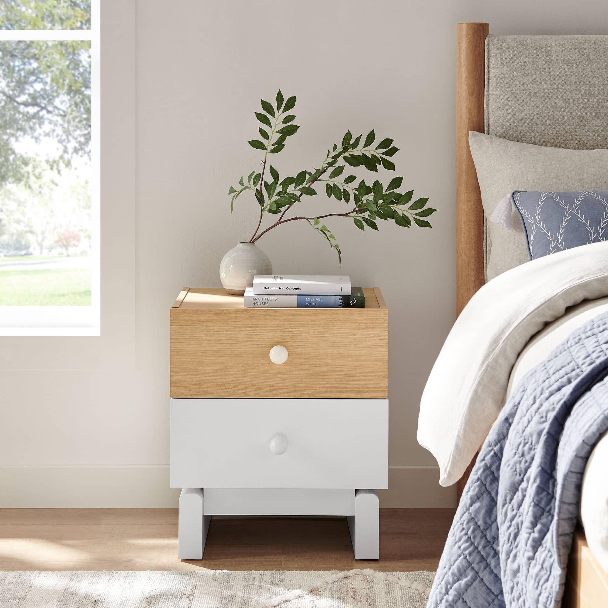 Nolia 2-Drawer Color Block Nightstand by Modway - Oak White