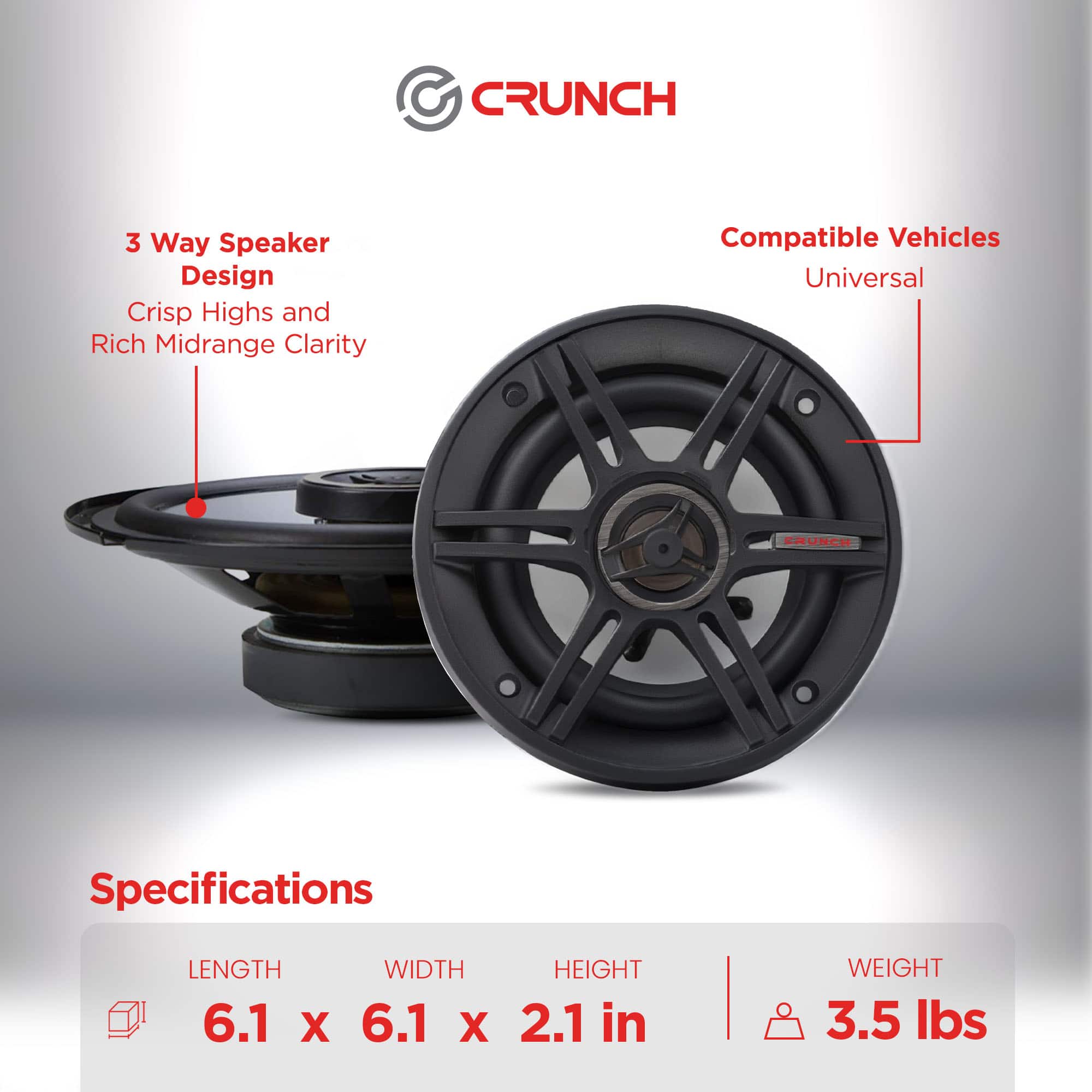 Crunch 300 Watts 6.5 Inch 3 Way 4 Ohms Steel Basket CS Speakers