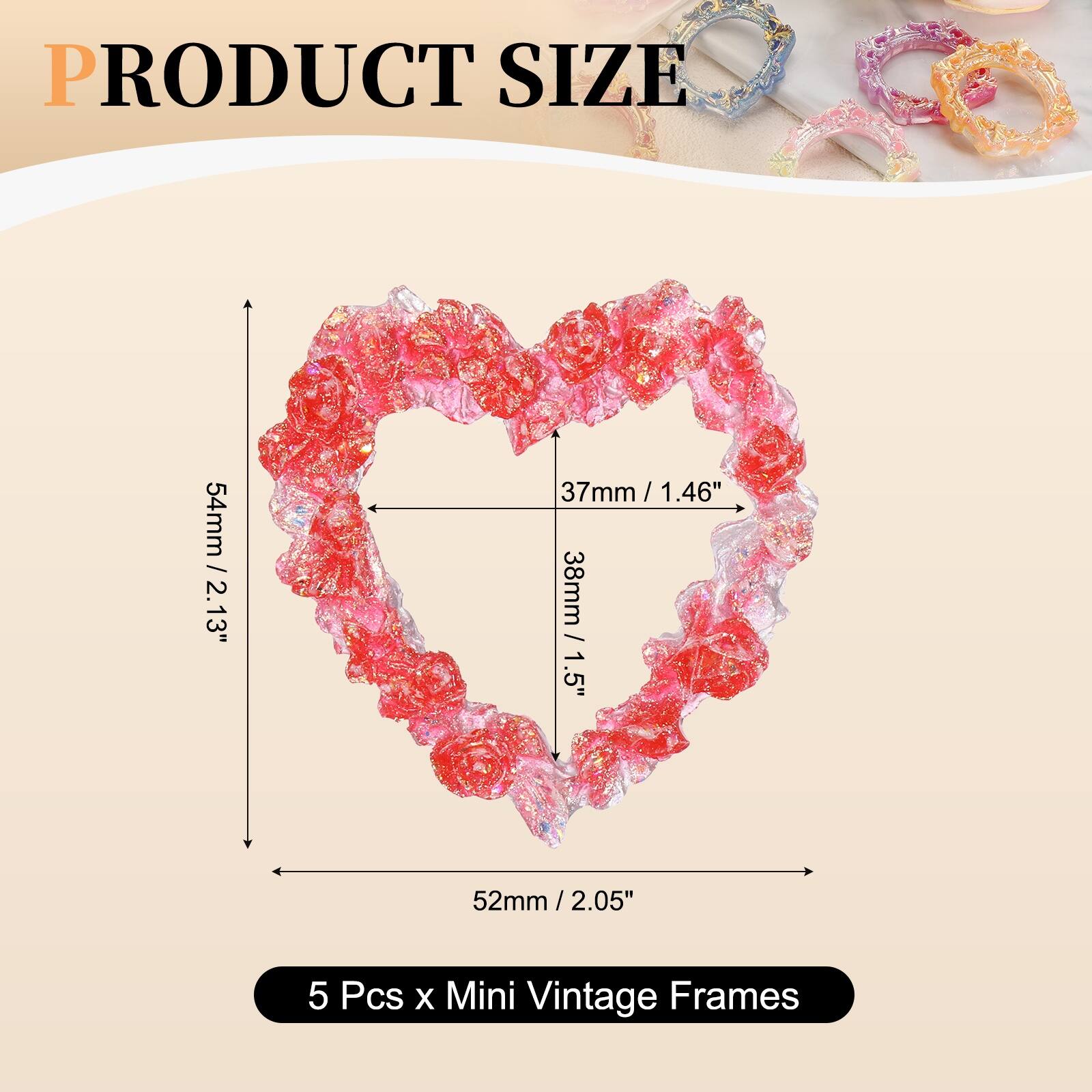 PRODUCT SIZE

54mm / 2.13"  
37mm / 1.46"  
38mm / 1.5"  
52mm / 2.05"  

5 Pcs x Mini Vintage Frames