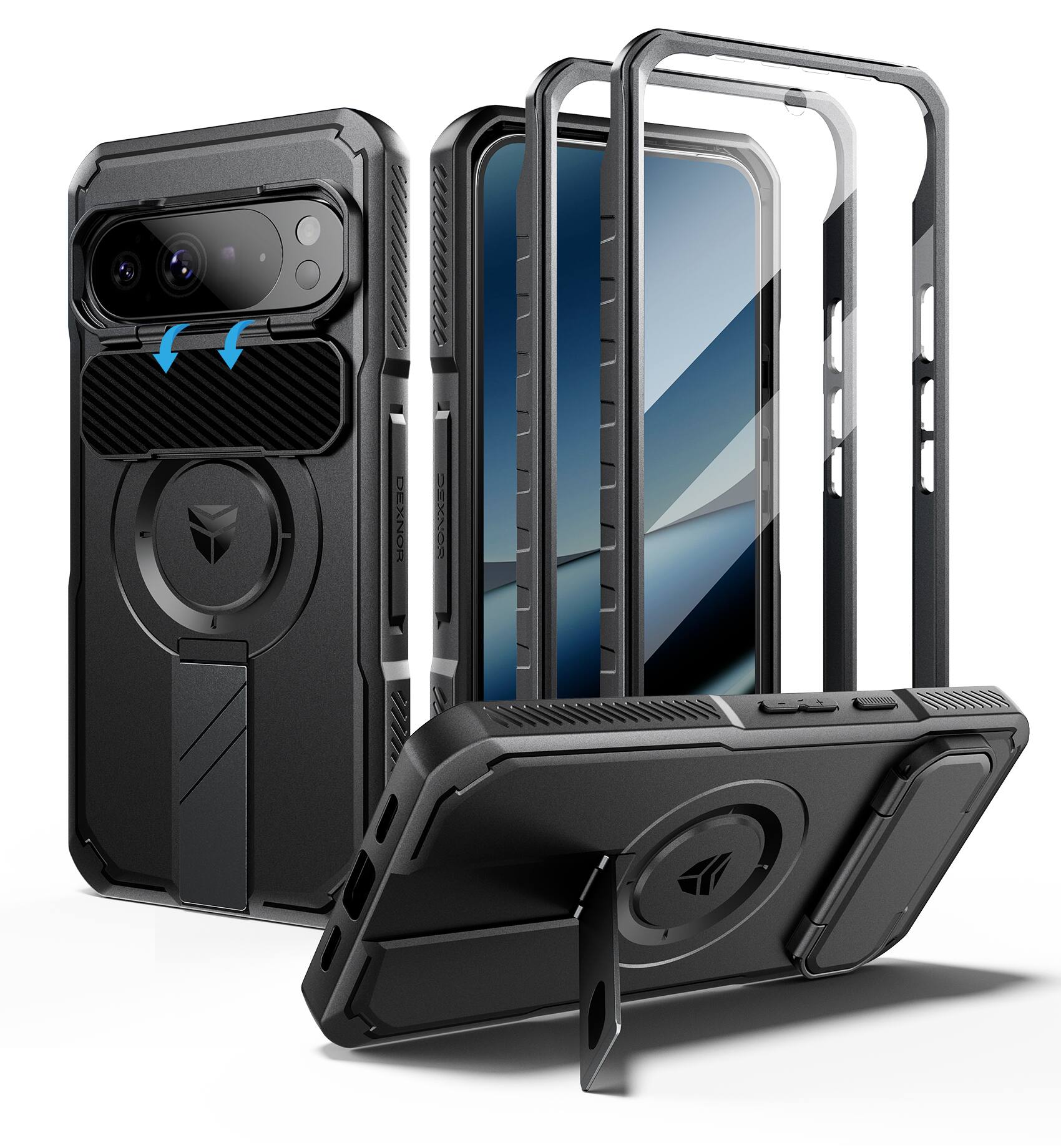 Angle. Dexnor - Rugged Case for Google Pixel 10 Pro XL with Camera Cover & Kickstand & Screen Protector, Compatible with MagSafe - Black.