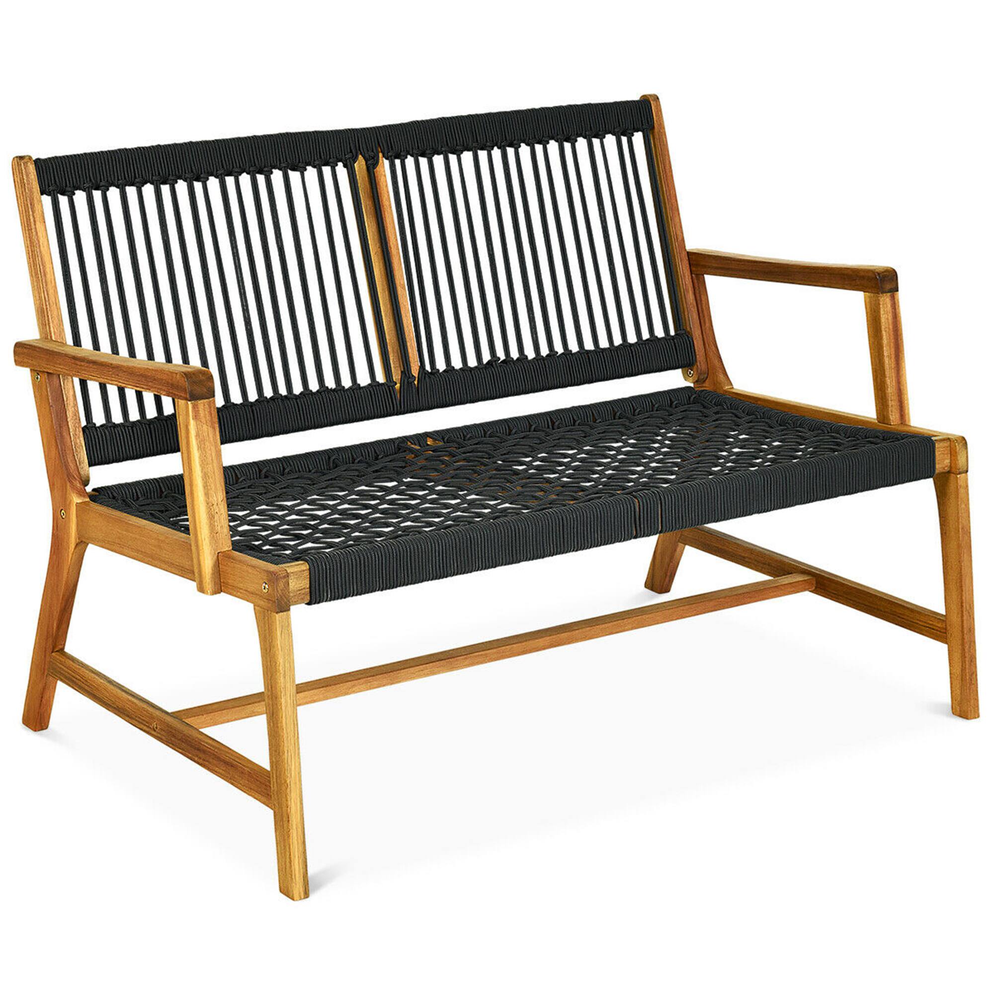 Alt View 3. Gymax - Gymax Wooden Rope Bench Loveseat Patio Garden Outdoor w/ Backrest & Armrest Black - as pic.