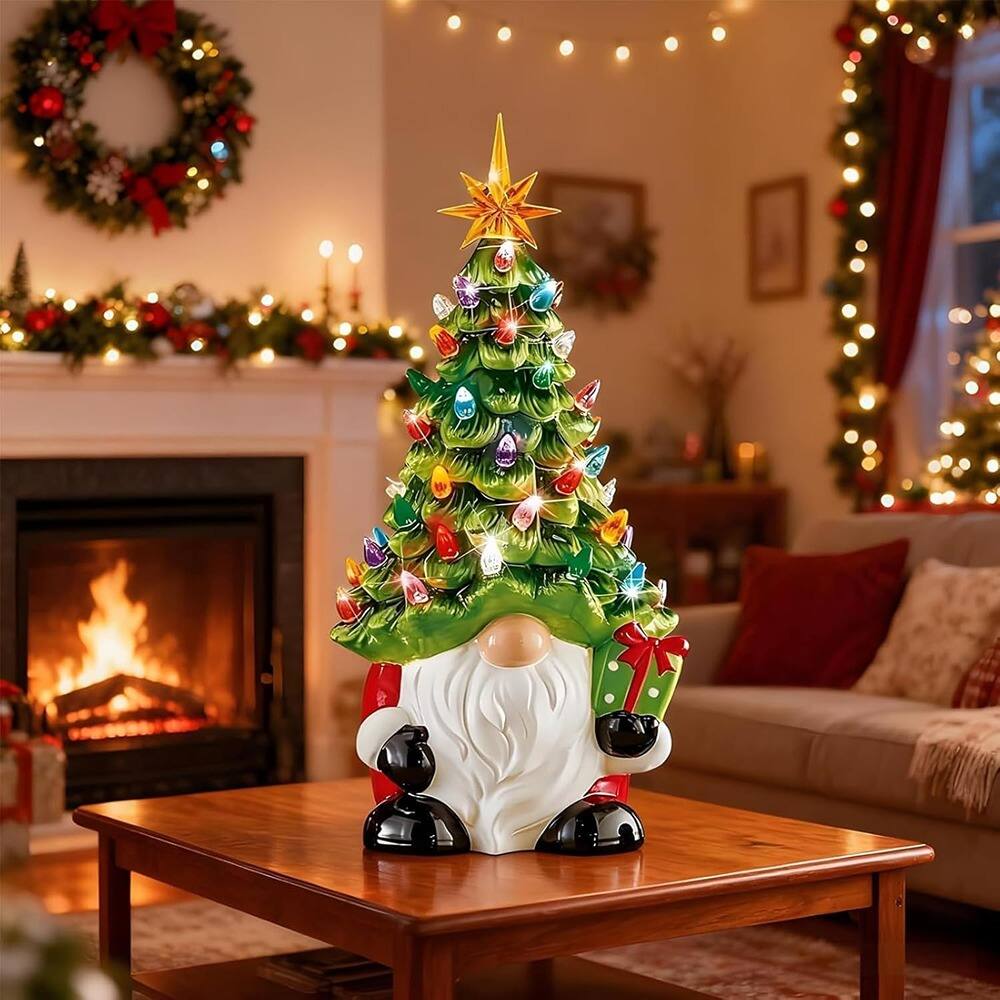 Alt View 1. Schertz - Lighted Ceramic Gnome Tree, DIY Xmas Holiday Decor with Multicolored Lights - Green.