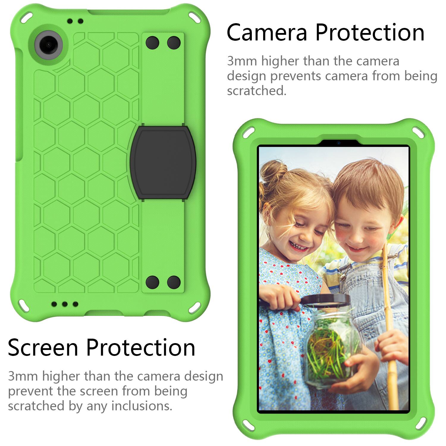 Camera Protection  
3mm higher than the camera design prevents camera from being scratched.  

Screen Protection  
3mm higher than the camera design prevent the screen from being scratched by any inclusions.