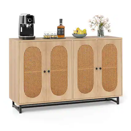Front. Costway - Costway 50" Buffet Cabinet with 4 Rattan Doors Adjustable Shelves Metal Legs Dining Room - Beige.