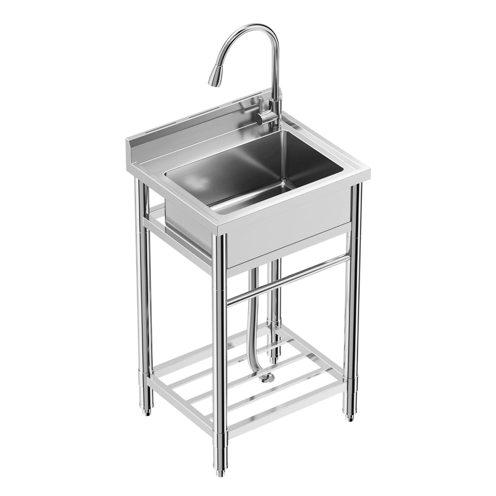 Angle. GARVEE - NSF Stainless Steel Utility Sink, Free Standing Commercial Single Bowl Kitchen Sink w/Faucet & Storage Shelf, 24 Inch - Silver.