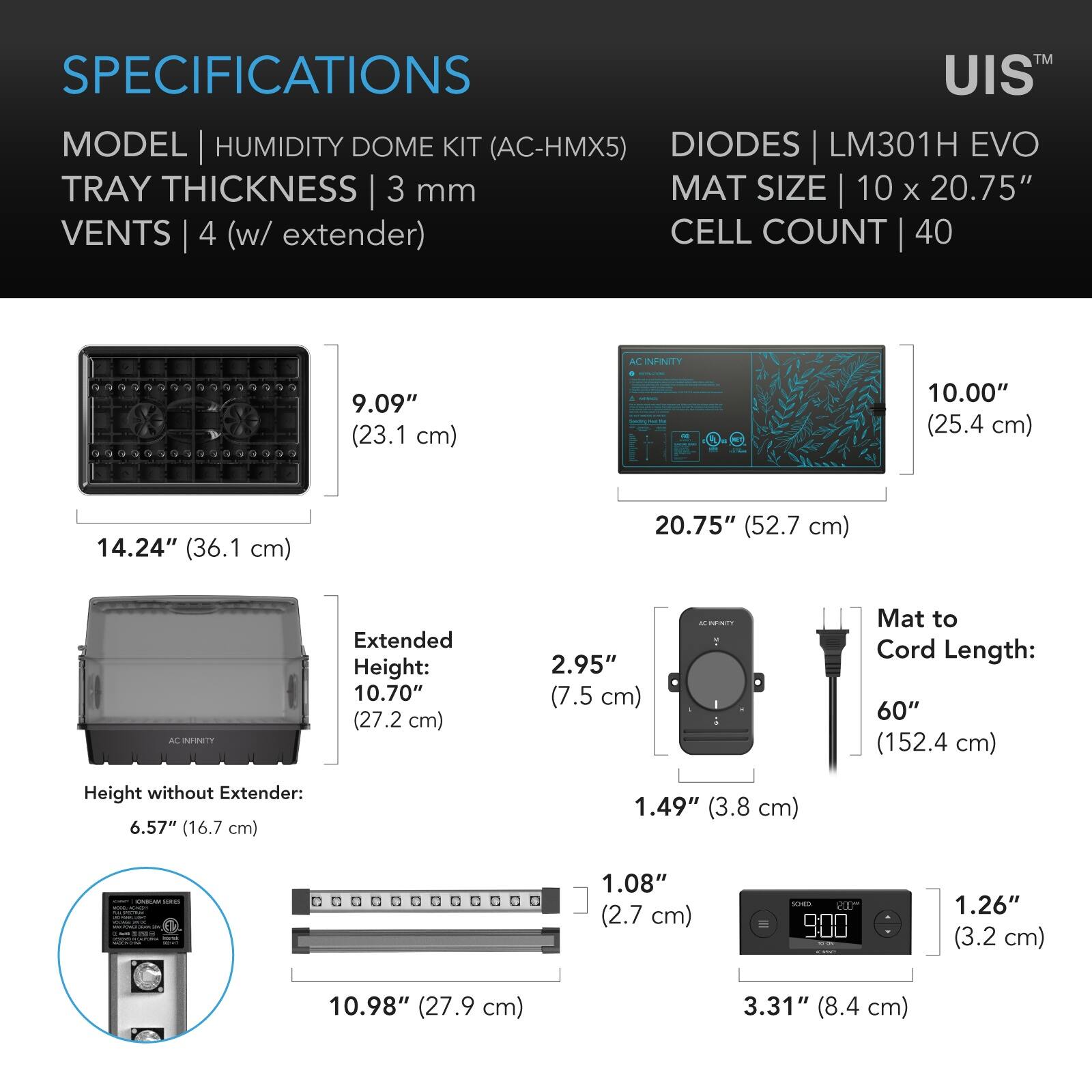 SPECIFICATIONS

MODEL | HUMIDITY DOME KIT (AC-HMX5)  
TRAY THICKNESS | 3 mm  
VENTS | 4 (w/ extender)  
DIODES | LM301H EVO  
MAT SIZE | 10 x 20.75"  
CELL COUNT | 40  

AC INFINITY  
9.09" (23.1 cm)  
14.24" (36.1 cm)  
20.75" (52.7 cm)  

Extended Height: 10.70" (27.2 cm)  
Height without Extender: 6.57" (16.7 cm)  
Mat to Cord Length: 60" (152.4 cm)  

2.95" (7.5 cm)  
1.49" (3.8 cm)  
1.08" (2.7 cm)  
1.26" (3.2 cm)  
10.98" (27.9 cm)  
3.31" (8.4 cm)