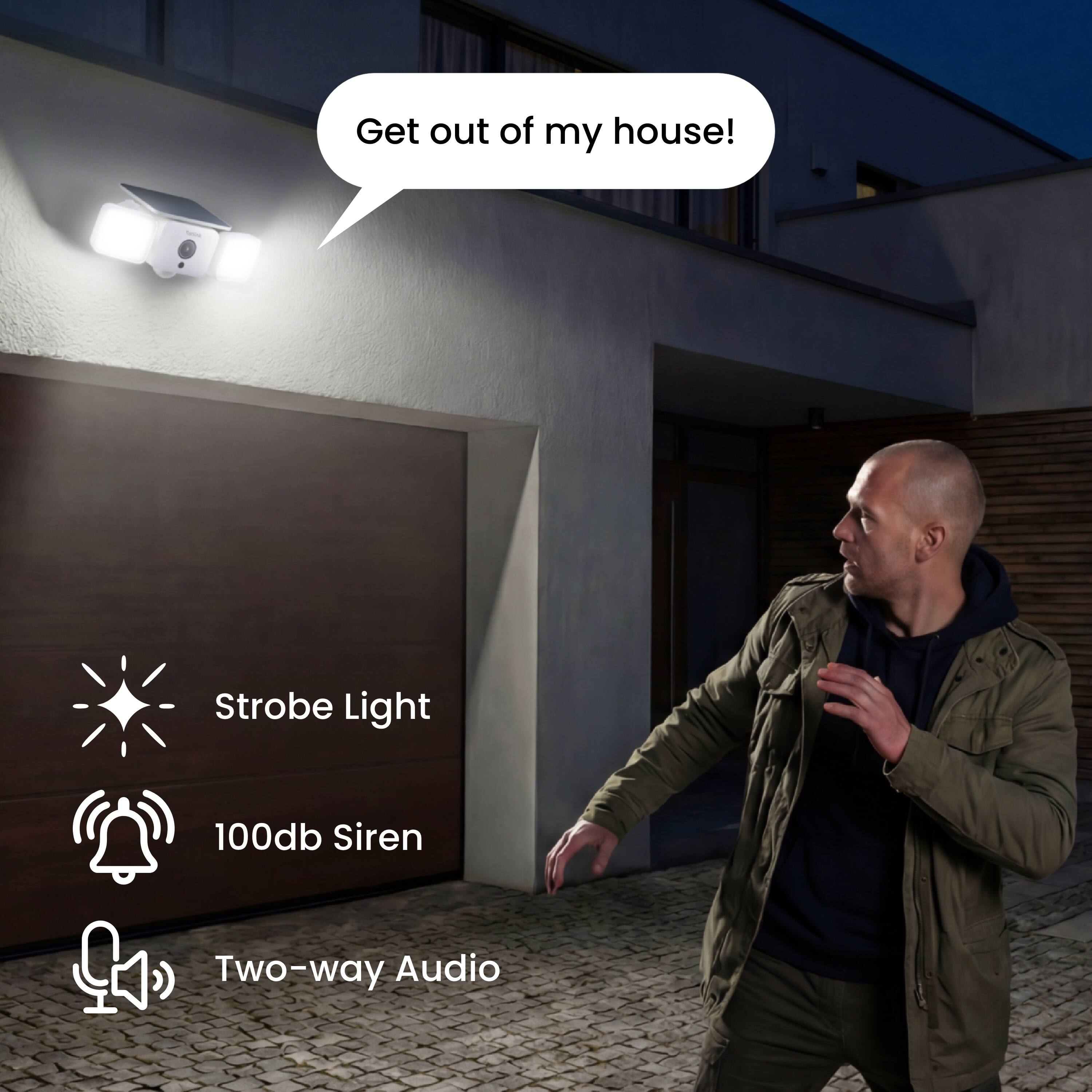 Get out of my house!  
Strobe Light  
100db Siren  
Two-way Audio