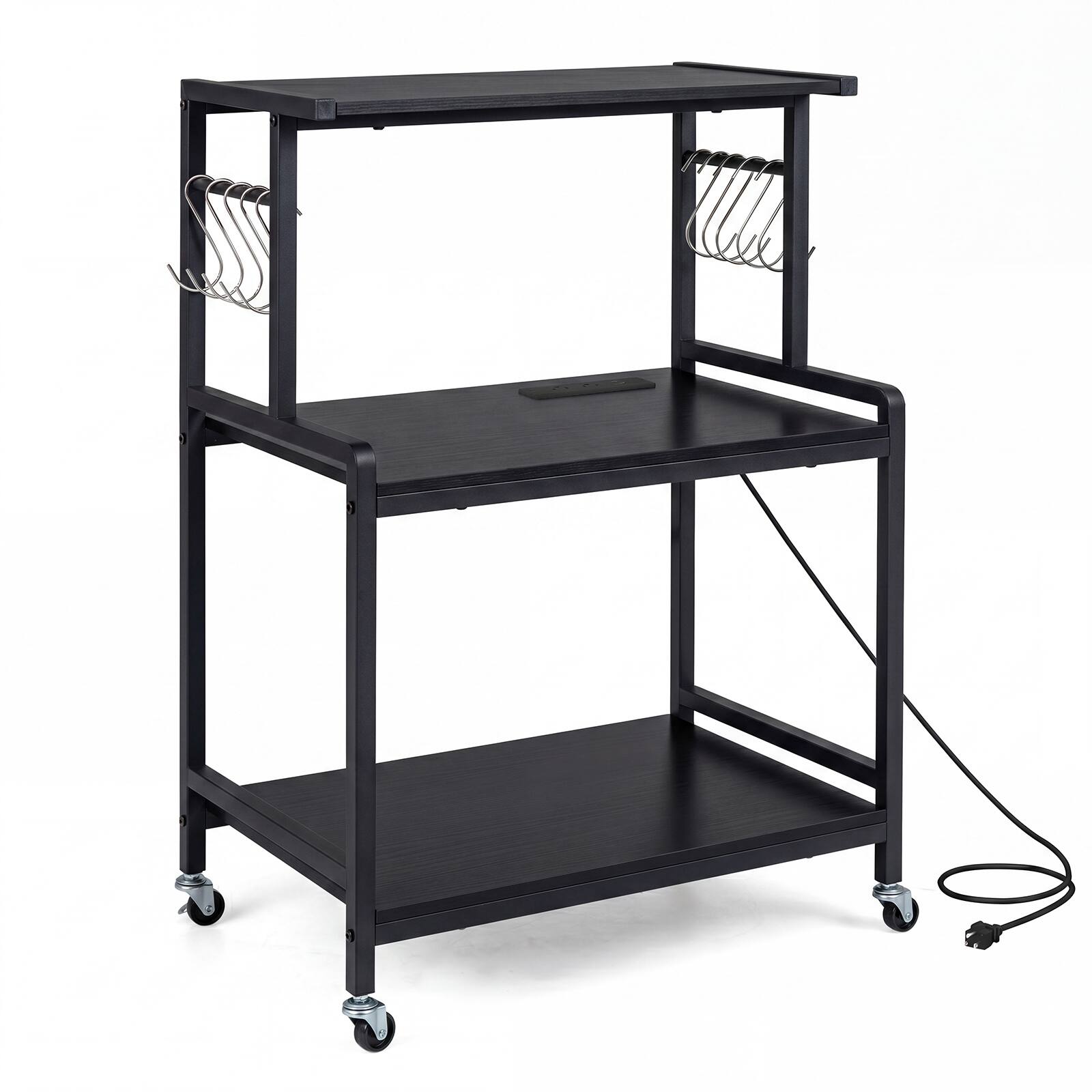 Alt View 9. Costway - Costway 3-Tier Kitchen Rolling Microwave Cart with Power Outlet, 10 S-Shaped Hooks - Black.