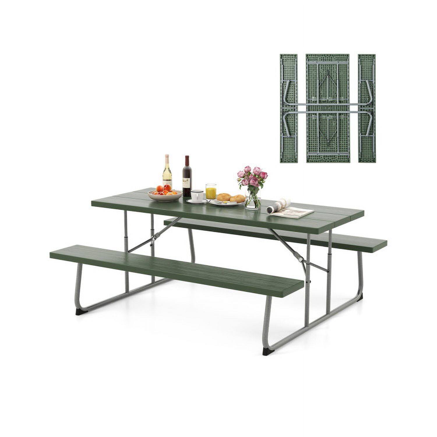 Alt View 4. Pefilos - 3-Piece Folding Picnic Table Set with Metal Frame and All-Weather HDPE Tabletop Umbrella Hole-Green, Outdoor Stackable - Green.