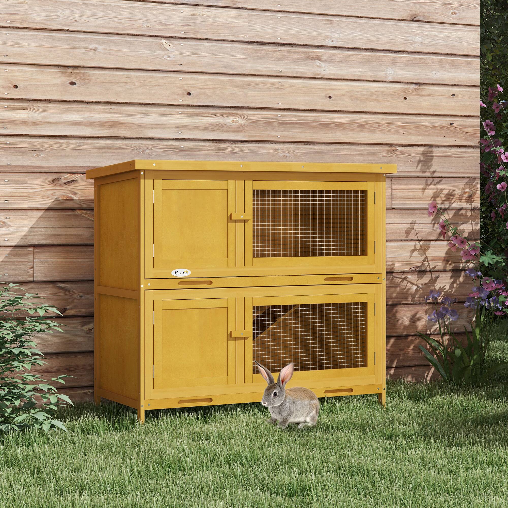 Angle. Pawhut - Wooden Bunny Rabbit Hutch, Small Animal Habitat with Ramp, Removable Tray & Weatherproof Roof, Indoor/Outdoor.