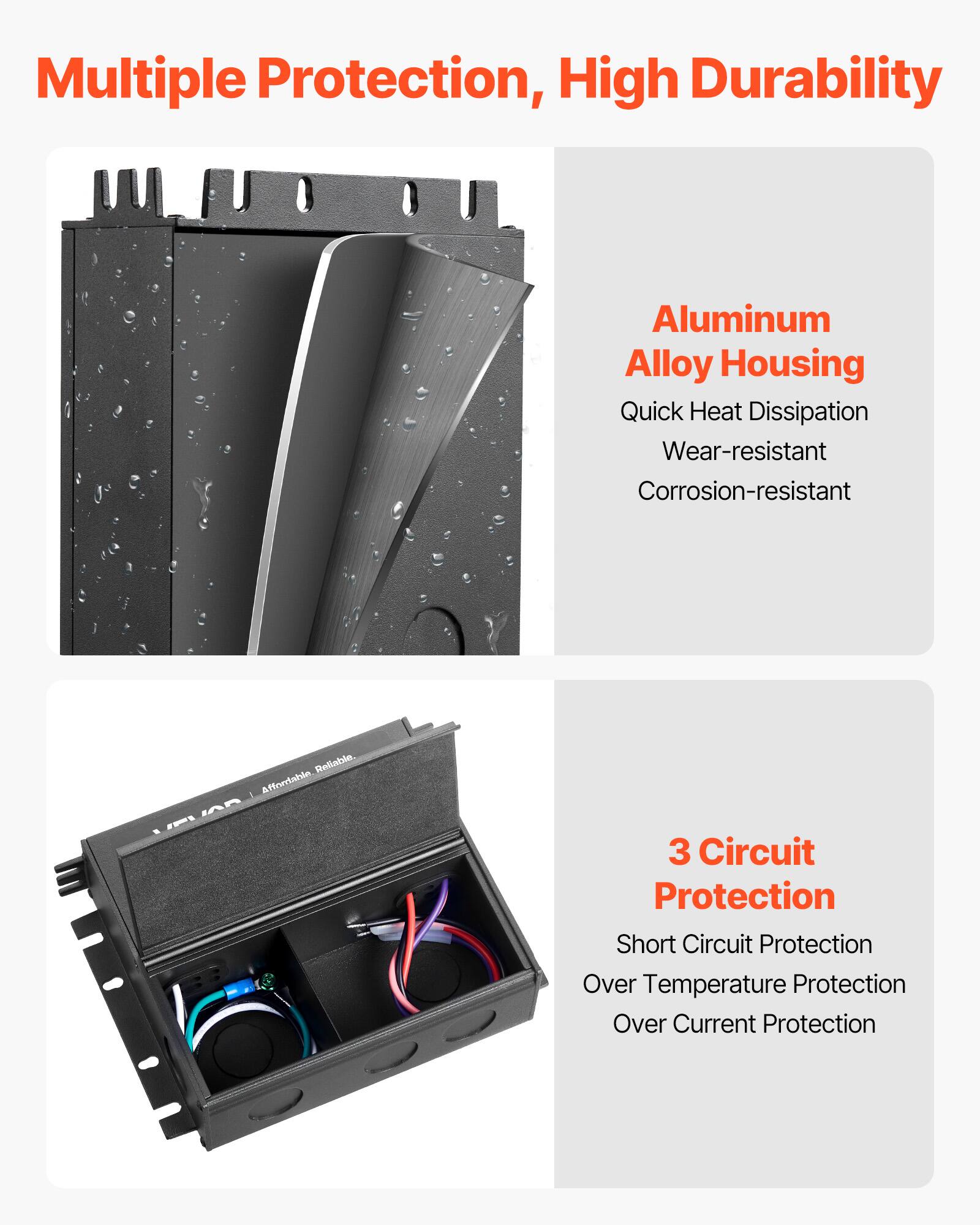 Multiple Protection, High Durability

Aluminum Alloy Housing
- Quick Heat Dissipation
- Wear-resistant
- Corrosion-resistant

3 Circuit Protection
- Short Circuit Protection
- Over Temperature Protection
- Over Current Protection