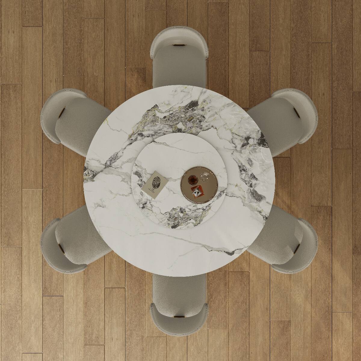 Alt View 7. Loheer - Loheer Sintered Stone Dining Table, 59-Inch Round Table with Gold Stainless Steel Hourglass Base - Gold and White.