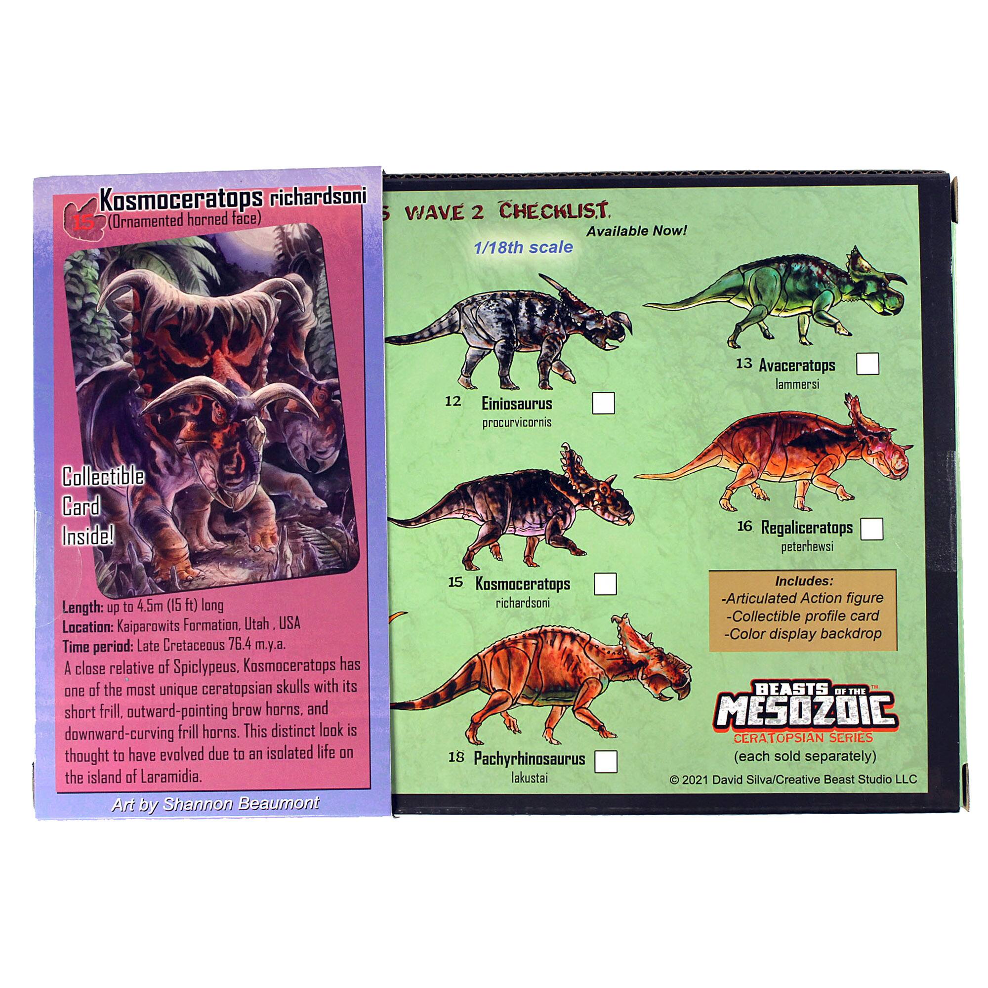 Kosmoceratops richardsoni (horned face) WAVE 2 CHECKLIST. (Ornamented Available Now! 1/18th scale 12 Einiosaurus procurvicornis 13 Avaceratops lammersi Collectible Card Inside! 16 Regaliceratops peterhewsi Length: up to 4.5m (15 ft) long Location: Kaiparowits Formation. Utah USA Time period: Late Cretaceous 76.4 m.y.a. A close relative of Spiclypeus. Kosmoceratops has one of the most unique ceratopsian skulls with its short frill, outward-pointing brow horns, and downward-curving frill horns. This distinct look is thought to have evolved due to an isolated life on the island of Laramidia. Art by Shannon Beaumont 15 Kosmoceratops richardsoni 1s Pachyrhinosaurus lakustai Includes: -Articulated Action figure -Collectible profile card -Color display backdrop BEASTS OF THE MESOZOIC CERATOPSIAN SERIES (each sold separately) Q 2021 David Silva/Creative Beast Studio LLC