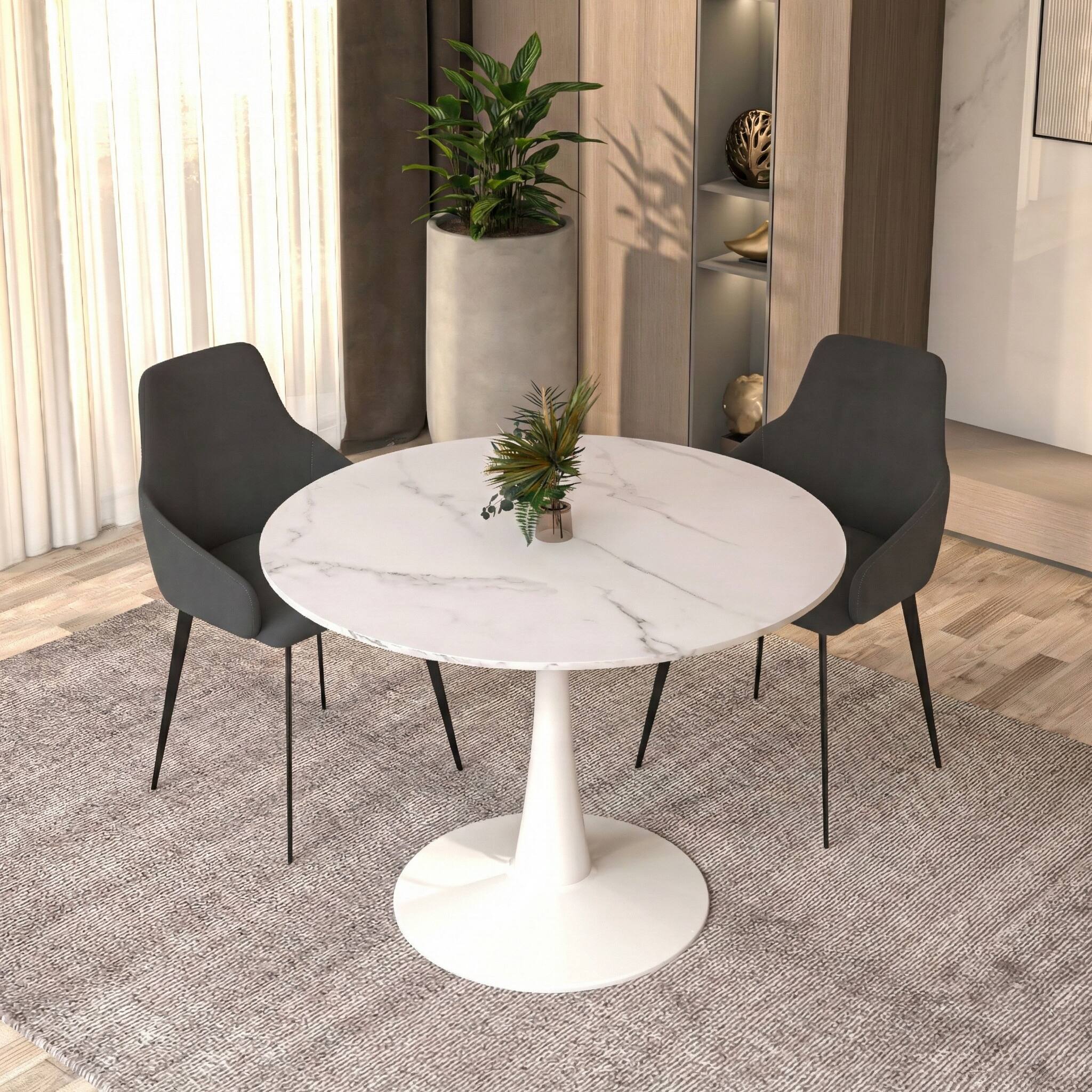 Angle. LeisureMod - Bristol Round Dining Table, Modern MDF/Sintered Stone Top & Scratch-Resistant Steel Base Kitchen Table - MDF - Marbled White.