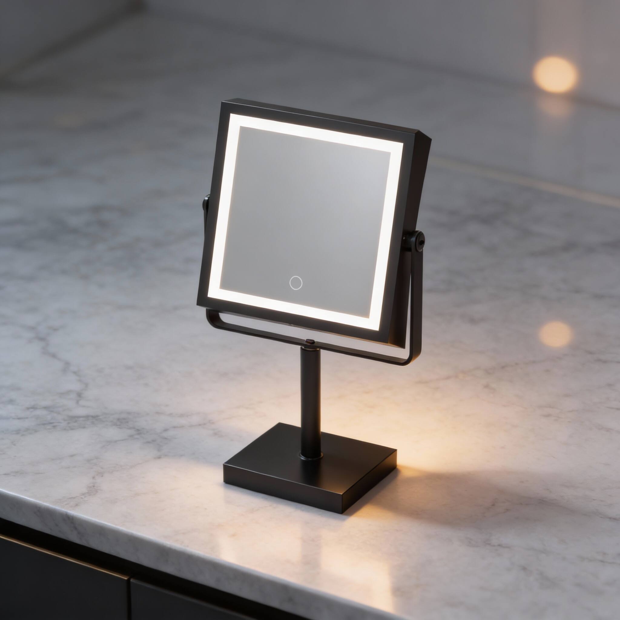 Left. PO3TICJUNKI3 - 4000mAh Rechargeable Vanity Mirror, 1X/10X Magnifying, 3-Color Dimmable Lights, Height-Adjustable, 360° Rotation - Brushed Nickel.