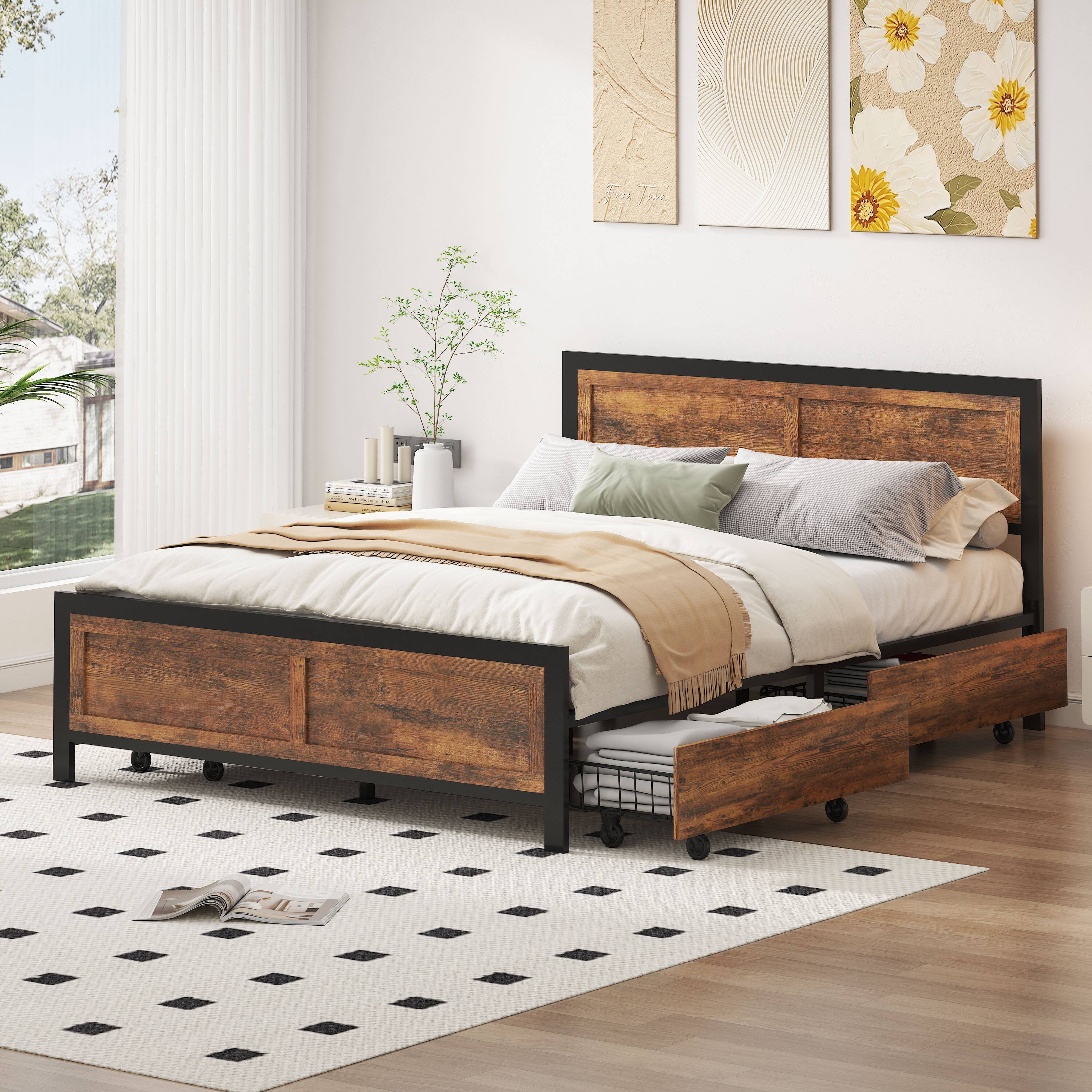 Alt View 5. Dyonery - Queen-size bed frame with 4 storage compartments, featuring a sturdy metal support platform base paired . - Brown.