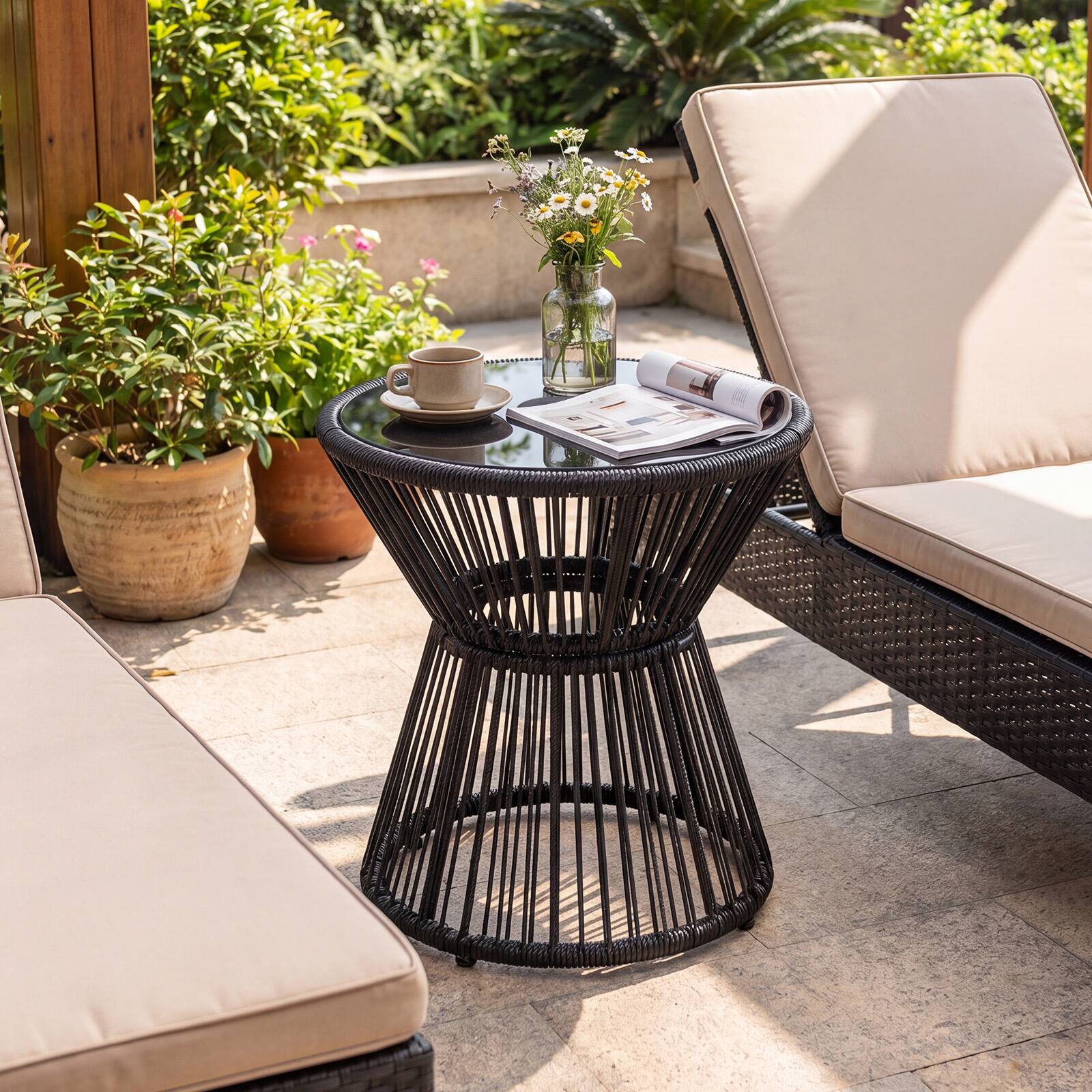 Alt View 5. Gymax - Gymax Outdoor Side Table w/ LED Warm Light PE Rattan Hourglass-Shaped End Table - Black.