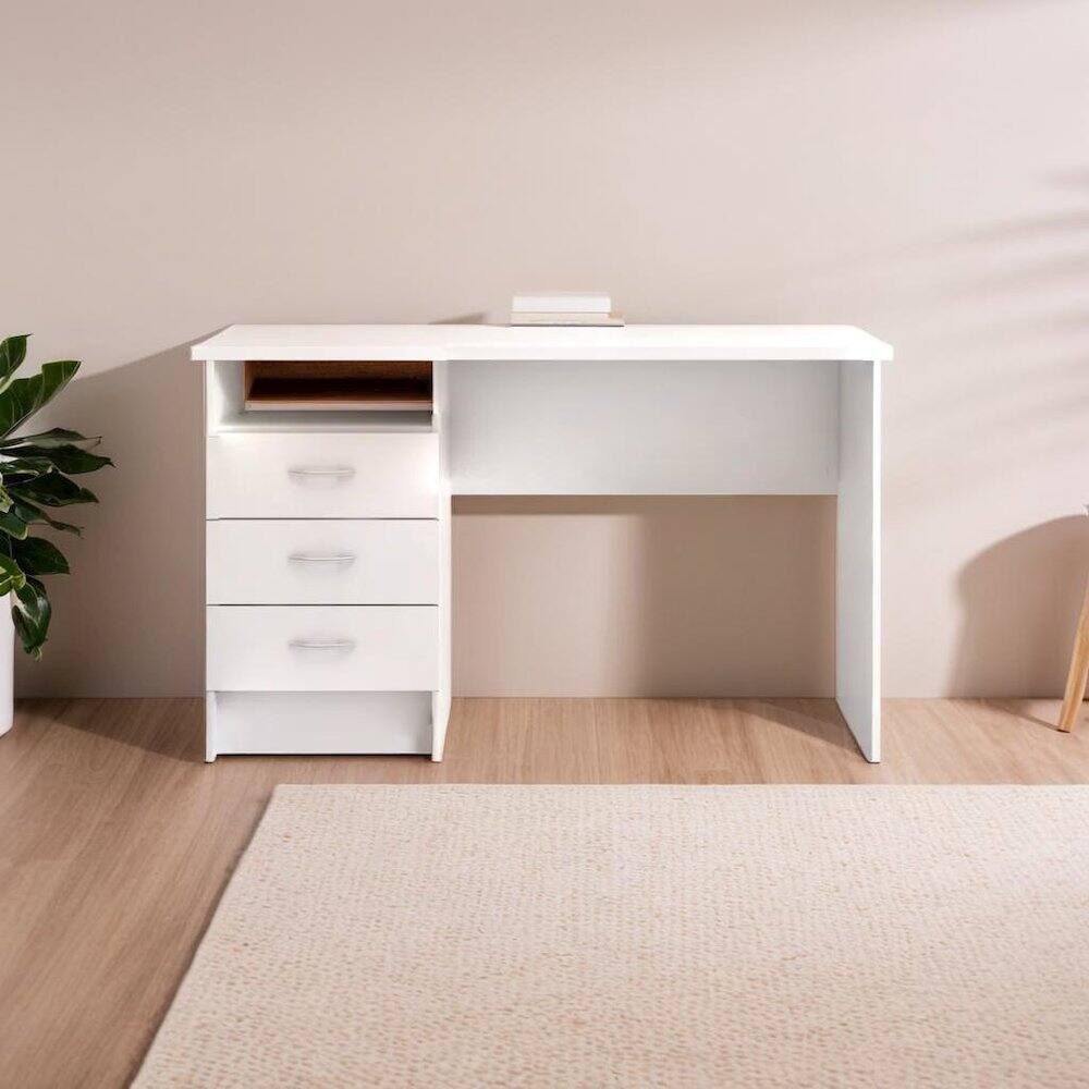 Alt View 2. FurniFact - Sleek White Computer Desk with Three Drawers and Open Shelf for Storage - White.