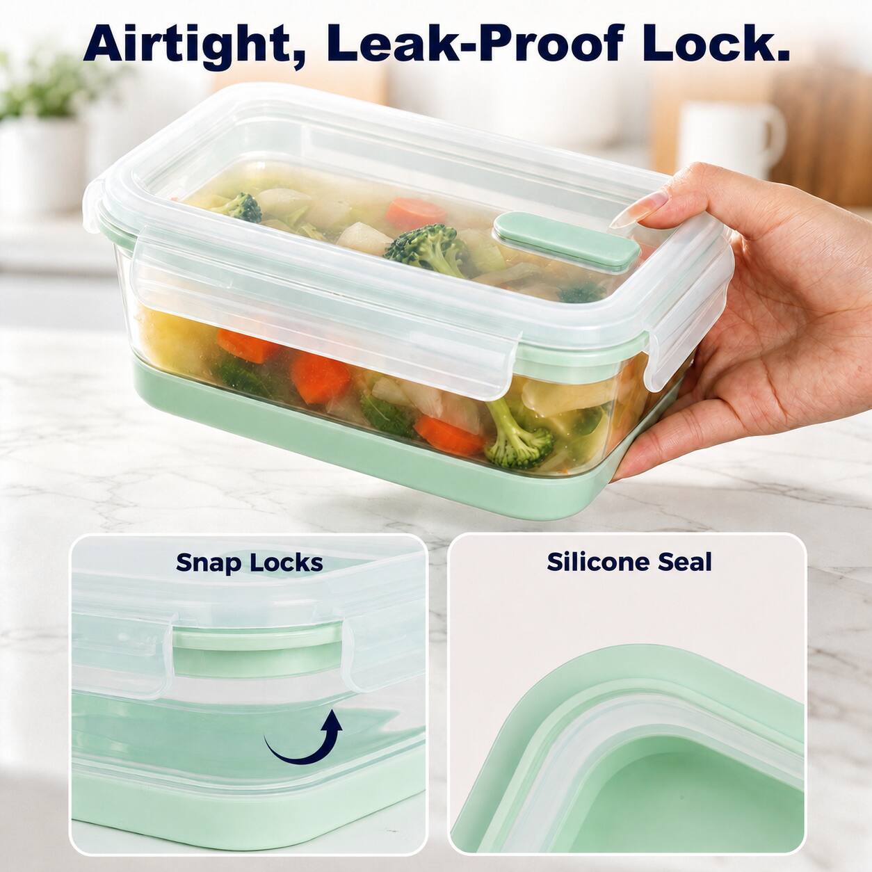 Airtight, Leak-Proof Lock.

Snap Locks

Silicone Seal