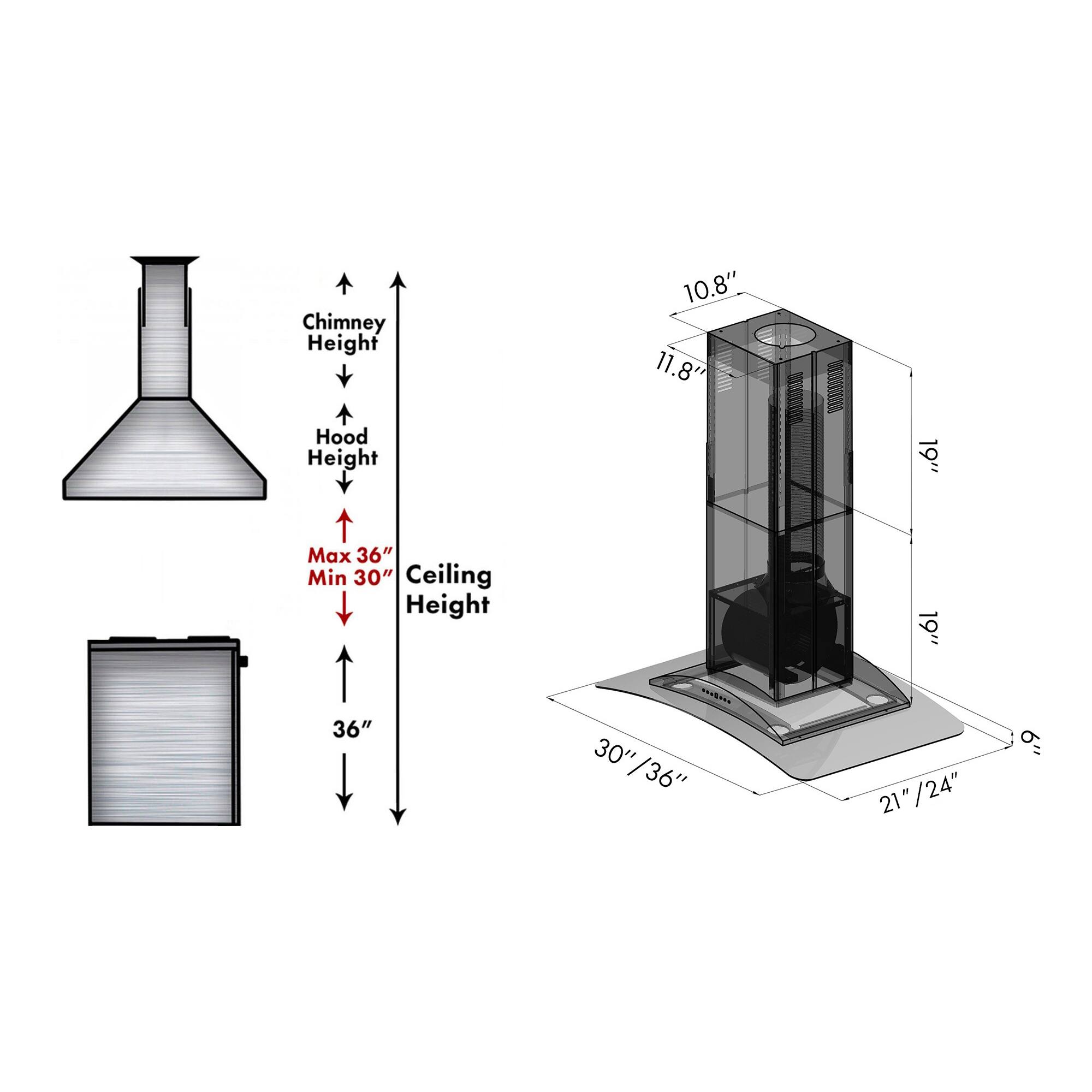 The image shows a diagram of a chimney and a hood, with the dimensions of the chimney height and hood height. The chimney height is 10.8" and 11.8", while the hood height is 19". The diagram also shows the maximum and minimum ceiling heights, which are 36" and 30" respectively. Additionally, the diagram includes a measurement of the air supply, which is 21" or 24".