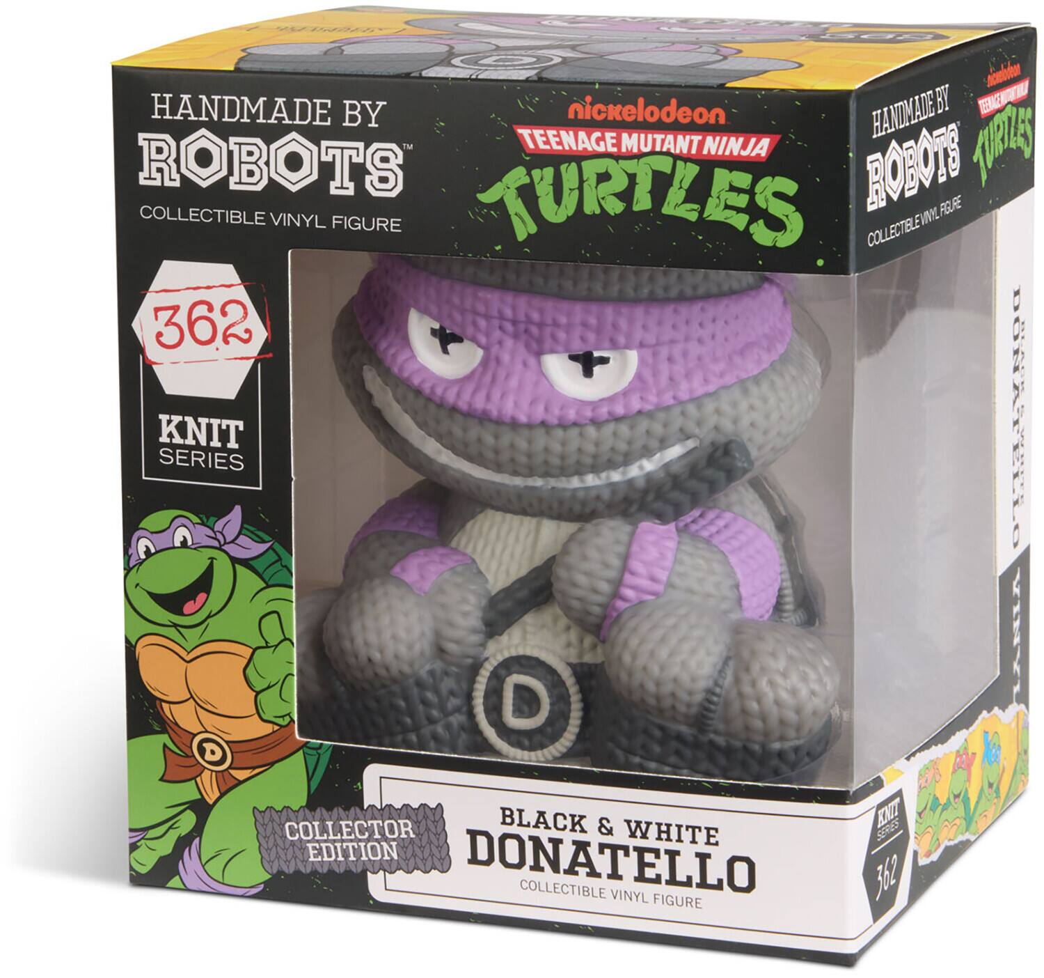 HANDMADE BY nickelodeon TEENAGE MUTANT NINJA TURTLES ROBOTS COLLECTIBLE VINYL FIGURE TURTLES KNIT SERIES 362 DONATELLO BLACK & WHITE COLLECTOR EDITION