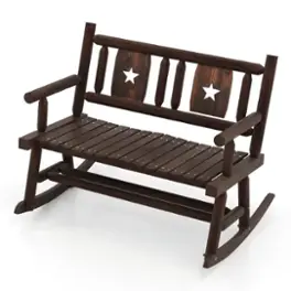 Costway - 1 PC Patio Rocking Bench Carbonized Wood Double Rocker Chair with Ergonomic Seat - Rustic Brown