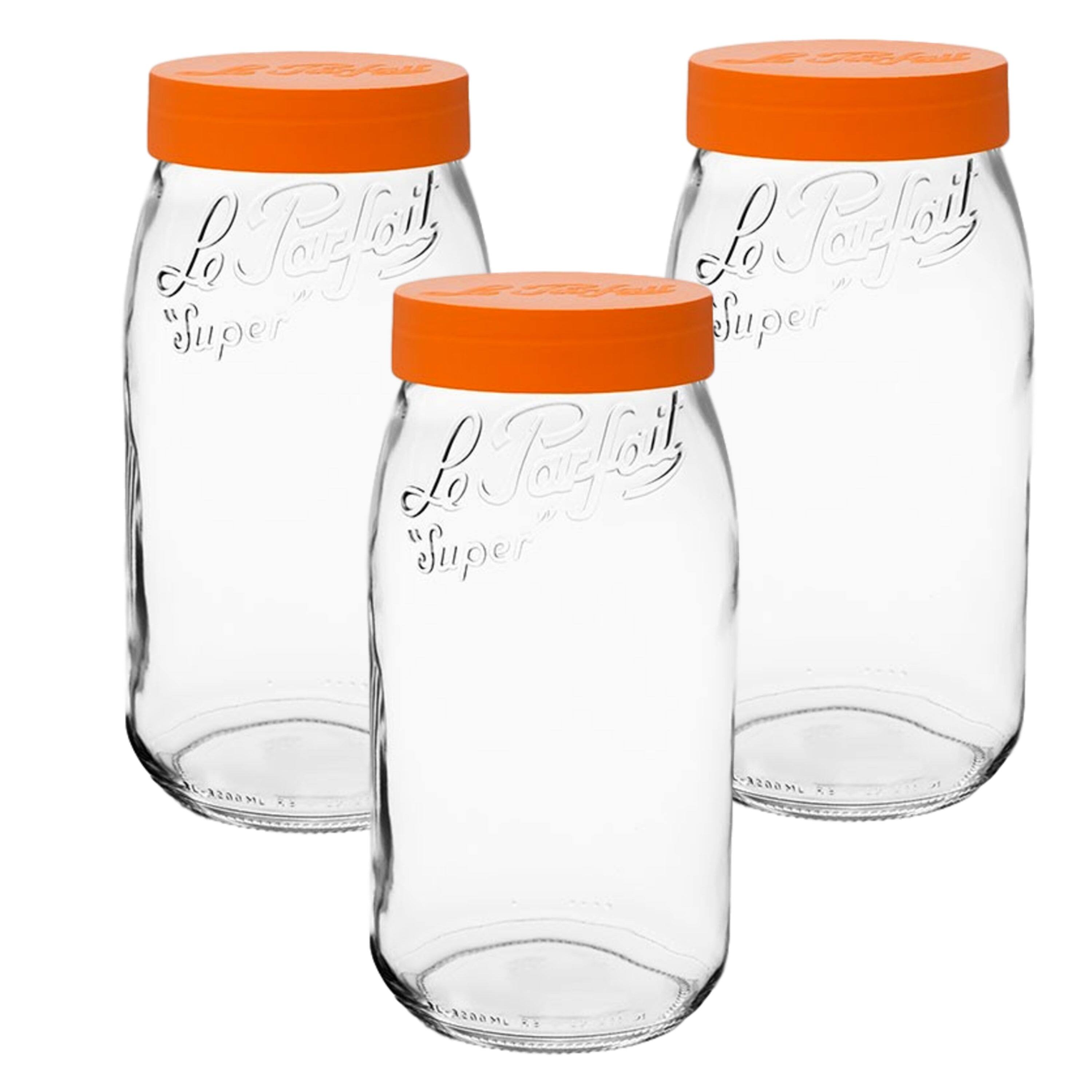 Le Parfait - Screw Top Jar - 3L Wide Mouth French Glass Canning Jar w/ ColorPlastic Lid, 96oz/3 Quarts (Pack of 3) - Orange