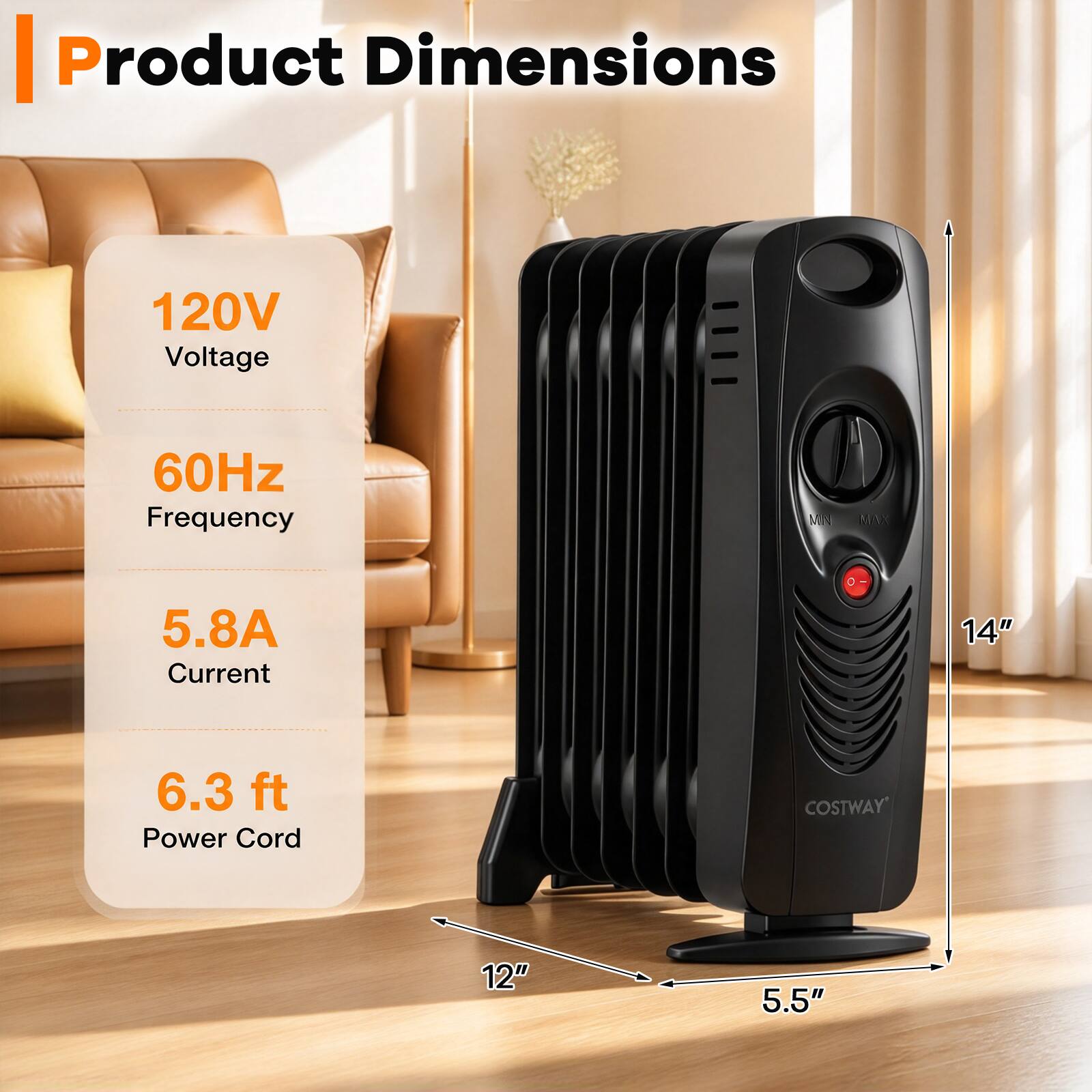 Product Dimensions

120V Voltage  
60Hz Frequency  
5.8A Current  
6.3 ft Power Cord  

14"  
12"  
5.5"
