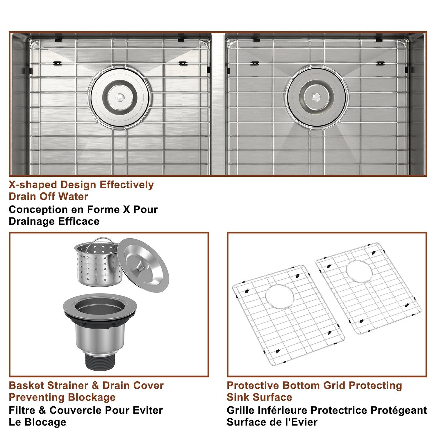 X-shaped Design Effectively Drain Off Water, Basket Strainer & Drain Cover Preventing Blockage, Protective Bottom Grid Protecting Sink Surface