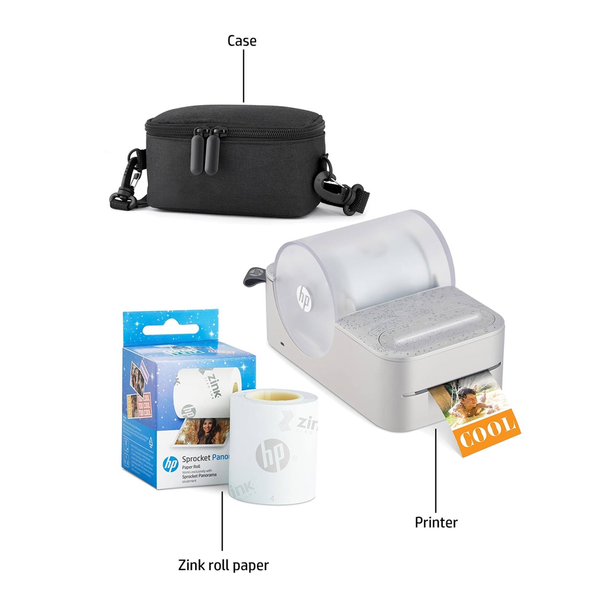 Case  
HP Sprocket Pano  
Zink roll paper  
Printer