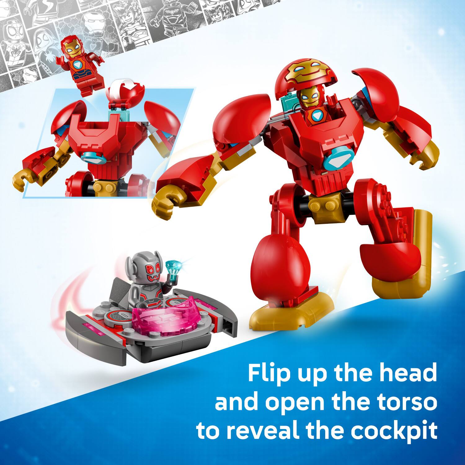 Flip up the head and open the torso to reveal the cockpit