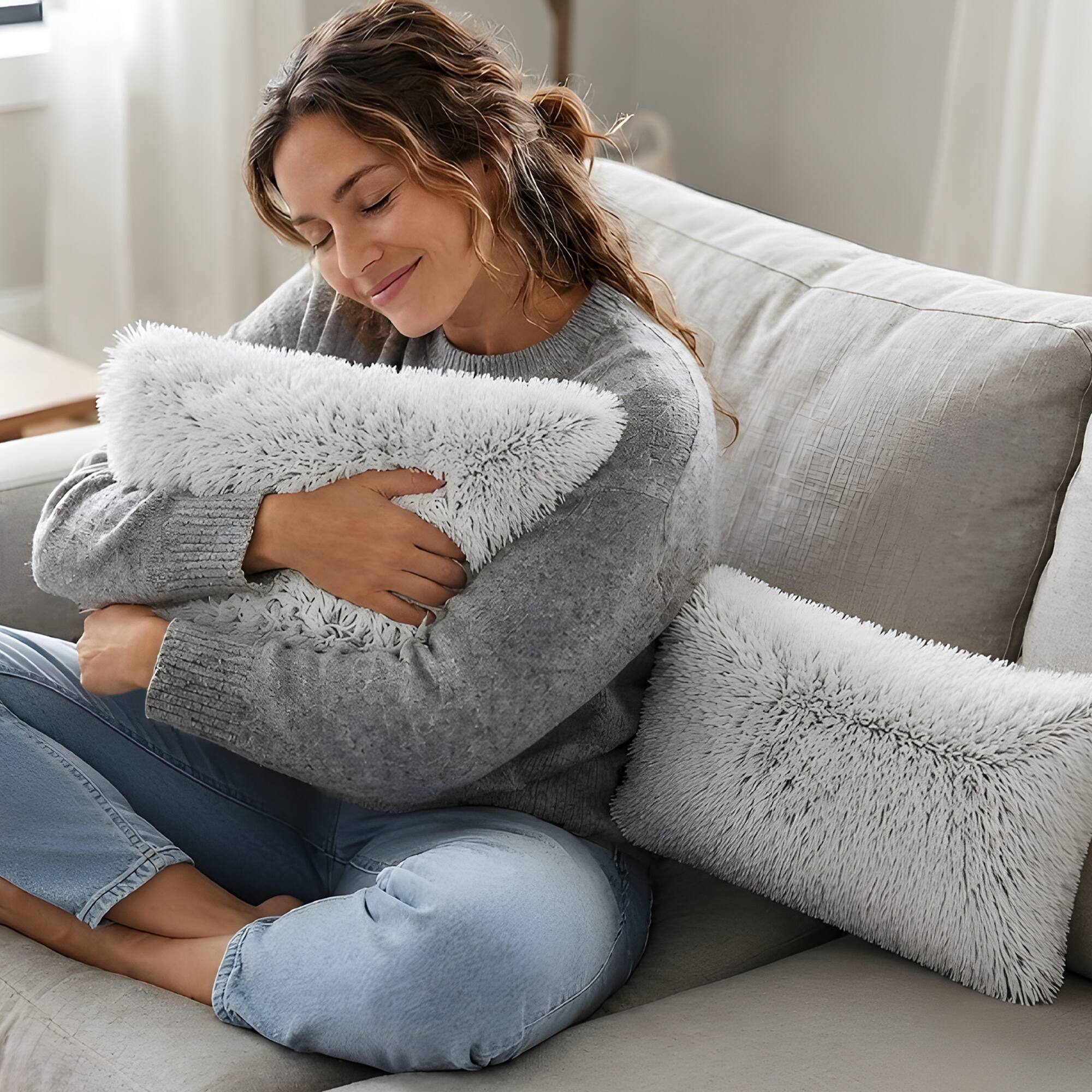 Angle. Cheer Collection - Plush Shaggy Long Hair Faux Fur Lumbar Accent Pillows with Inserts, 12 x 20 in, Set of 2 - Gray Ombre - Gray.