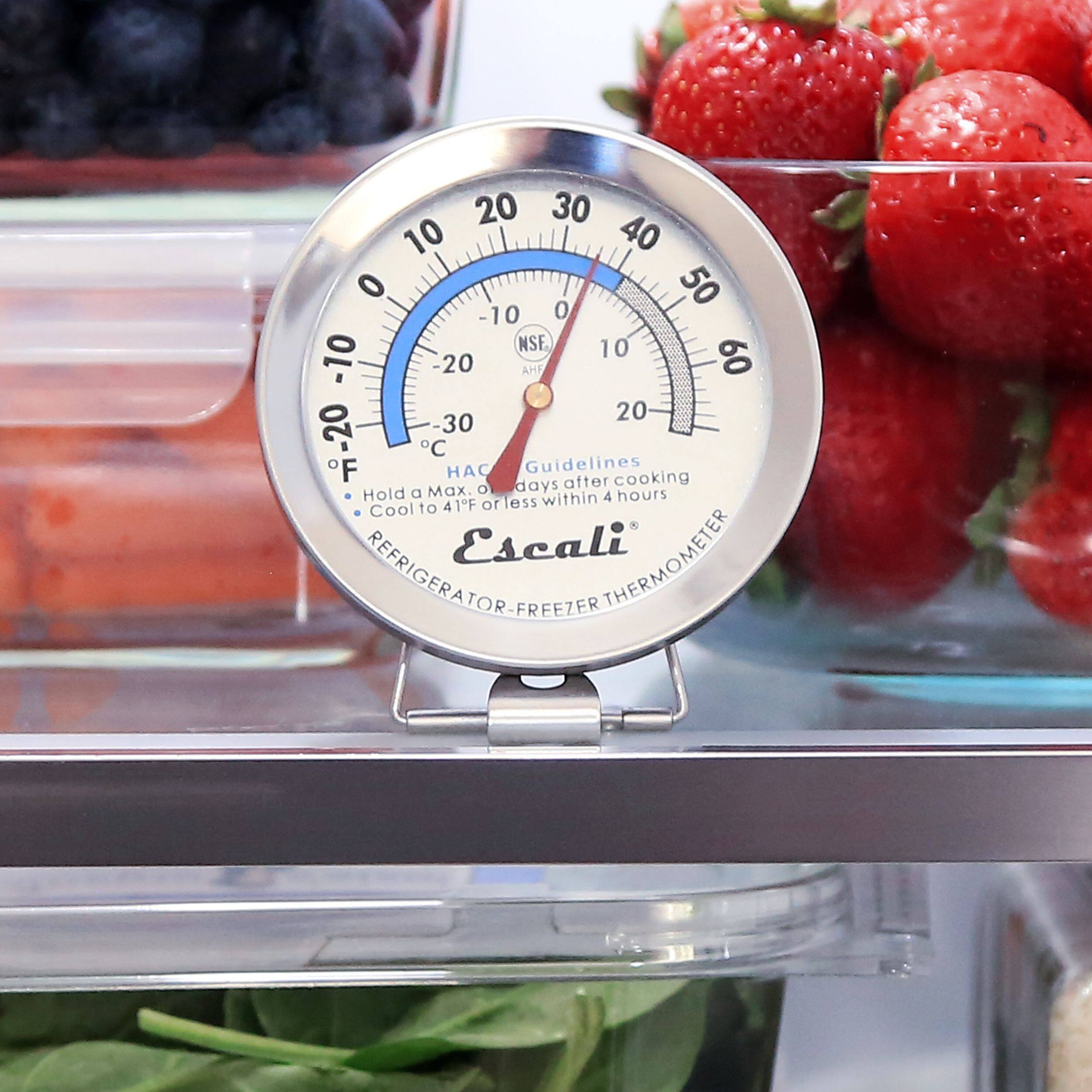 20 30 10 40 0 50 10 0 NSF, 10 -10 1 E -20 AH 60 20 -20 30  C F  Guidelines O days after cooking Hold a Max. 4 hours 41F 4 or less within Cool to Escali THERMOMETER REFRIGERATOR FREEZER