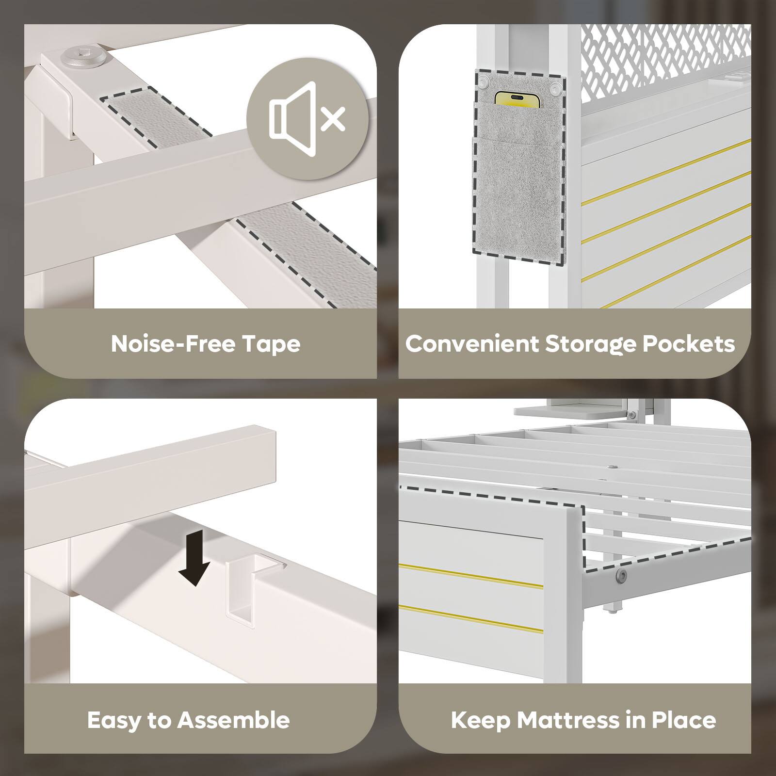 The text on the image is grouped as follows:

1. Noise-Free Tape
2. Convenient Storage Pockets
3. Easy to Assemble
4. Keep Mattress in Place